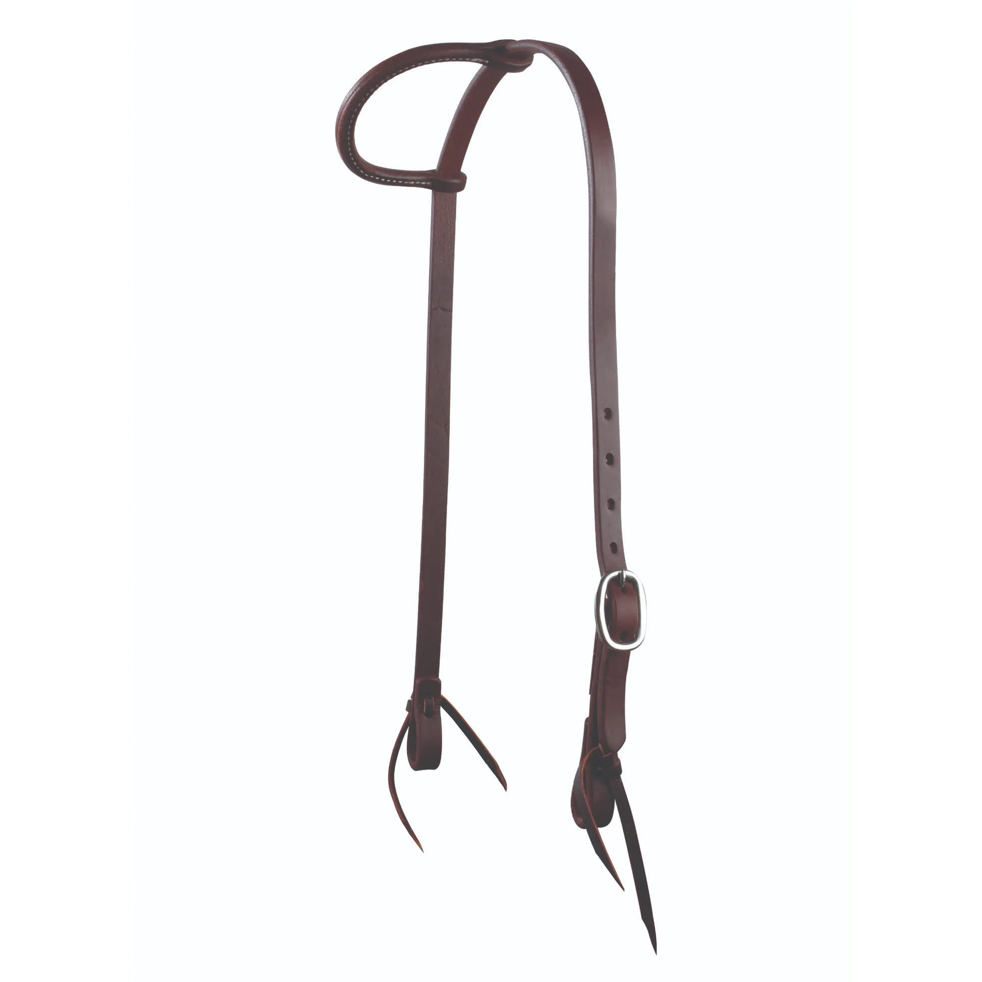 Professional's Choice Ranch 5/8 inch One-Ear Headstall crafted from heavy-oiled dark brown harness leather. This western horse headstall features a single ear loop, a single-adjust stainless steel buckle, and traditional leather tie-bit ends. Durable and functional ranch tack designed for daily training or trail riding, offering a classic performance look for any equestrian. Model RH5E15/8HO.