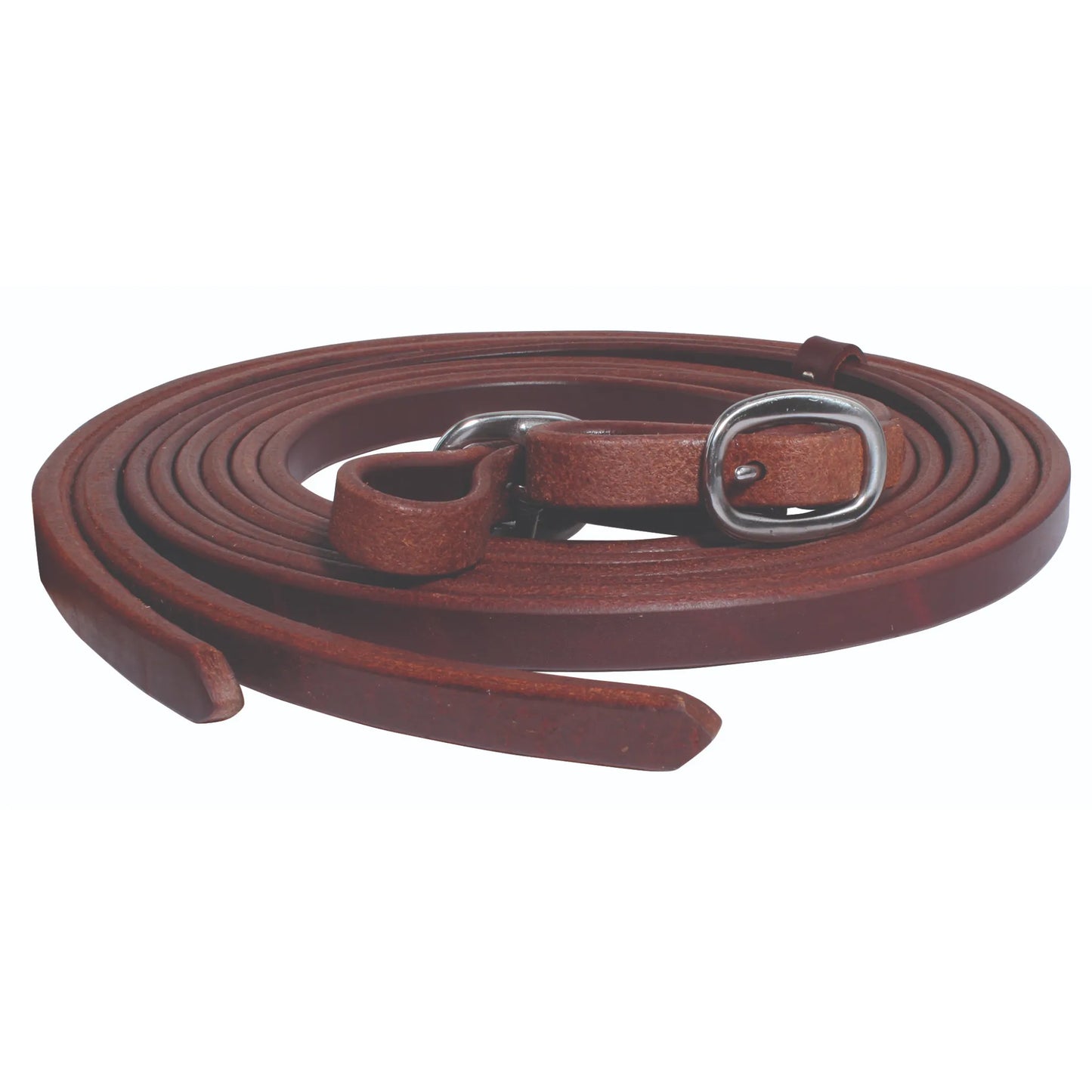 Professional's Choice Ranch Split Reins in rich mahogany brown leather, coiled to showcase quality craftsmanship. These durable western horse reins feature sturdy silver-tone buckles for easy bit attachment and ultimate control. Ideal for ranch work, training, or trail riding, this high-quality equestrian tack provides both style and performance for any horse and rider.