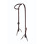 Professional's Choice Ranchhand Double Buckle One Ear Headstall in mahogany leather (RH5E25/8HO). This premium western horse headstall features heavy-duty leather construction, white contrast stitching, and stainless steel buckles on both sides for a precise fit. The classic one-ear design includes leather tie-bit ends, making it a durable and stylish choice for ranch work, trail riding, and western performance horses.