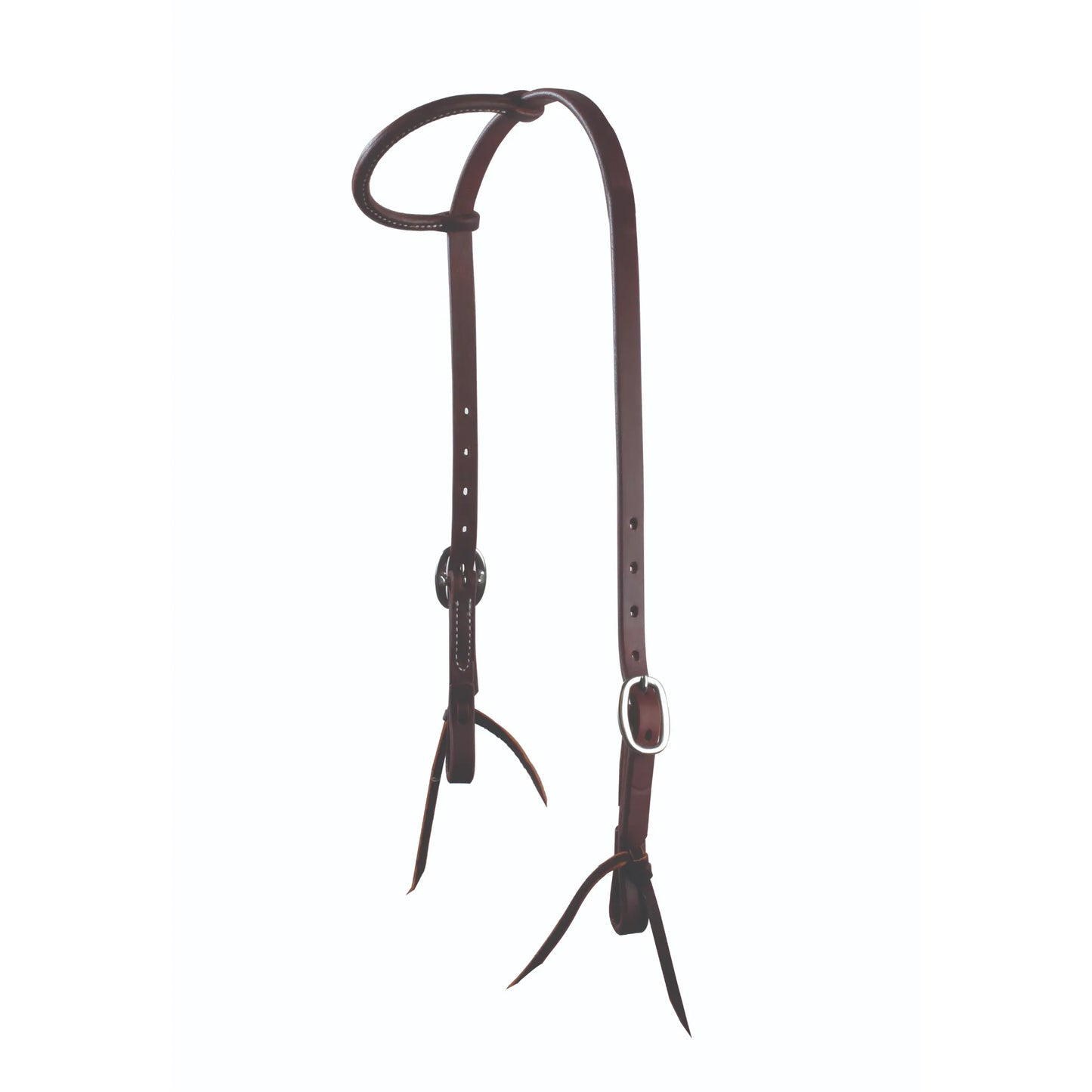 Professional's Choice Ranchhand Double Buckle One Ear Headstall in mahogany leather (RH5E25/8HO). This premium western horse headstall features heavy-duty leather construction, white contrast stitching, and stainless steel buckles on both sides for a precise fit. The classic one-ear design includes leather tie-bit ends, making it a durable and stylish choice for ranch work, trail riding, and western performance horses.