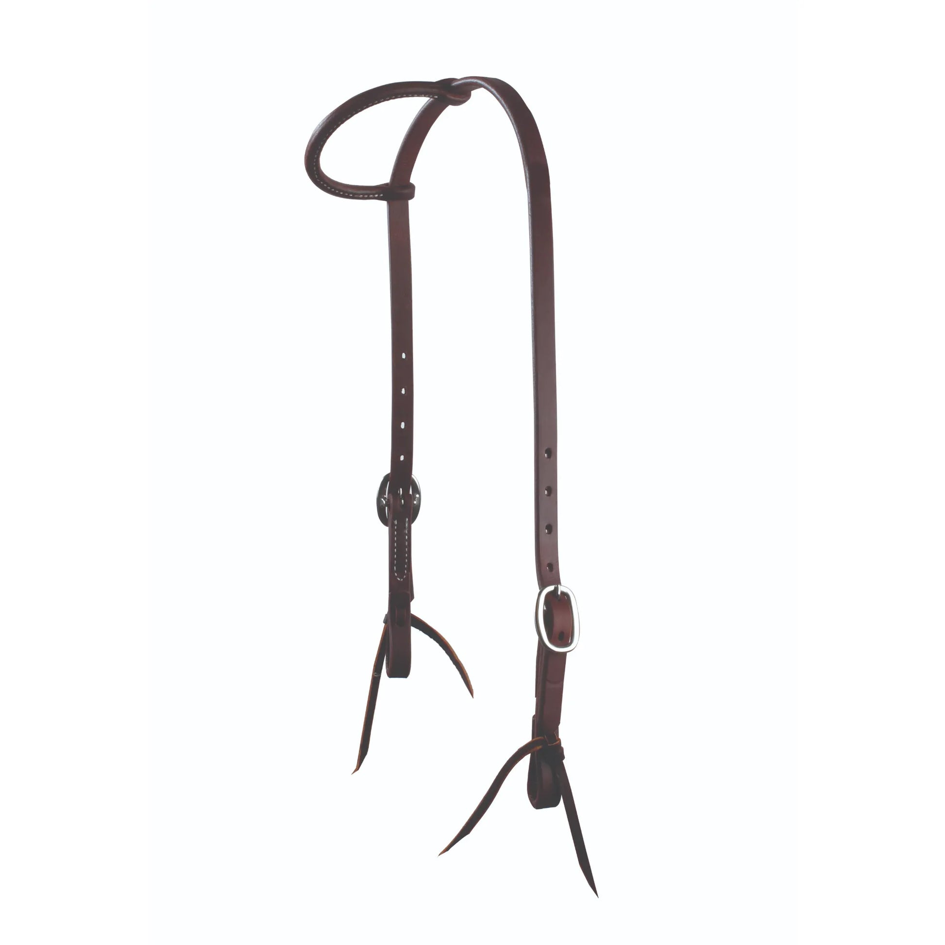 Professional's Choice Ranchhand Double Buckle One Ear Headstall in mahogany leather (RH5E25/8HO). This premium western horse headstall features heavy-duty leather construction, white contrast stitching, and stainless steel buckles on both sides for a precise fit. The classic one-ear design includes leather tie-bit ends, making it a durable and stylish choice for ranch work, trail riding, and western performance horses.