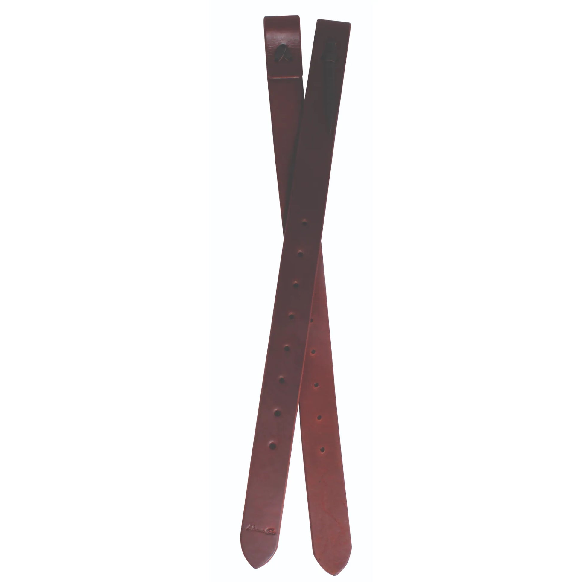 Professional’s Choice Ranchhand Ranch Oiled Rear Flank Cinch in a deep mahogany brown. This pair of heavy-duty leather straps features multiple pre-punched adjustment holes and reinforced slots for secure attachment to a western saddle. Crafted from professional-grade ranch oiled leather, these durable flank billets are essential horse tack for ranching, roping, or trail riding. A reliable saddle accessory for western riders seeking quality and longevity.