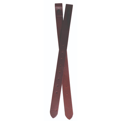 Professional’s Choice Ranchhand Ranch Oiled Rear Flank Cinch in a deep mahogany brown. This pair of heavy-duty leather straps features multiple pre-punched adjustment holes and reinforced slots for secure attachment to a western saddle. Crafted from professional-grade ranch oiled leather, these durable flank billets are essential horse tack for ranching, roping, or trail riding. A reliable saddle accessory for western riders seeking quality and longevity.