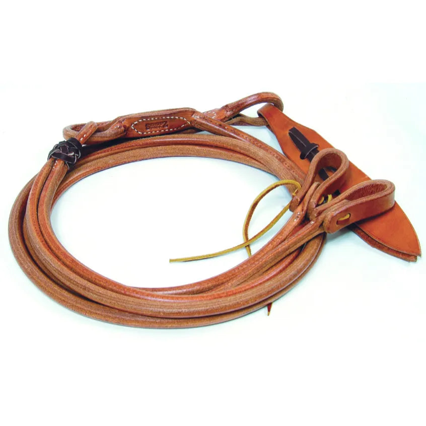 Professional's Choice Romal Reins with Waterloops featuring premium tan leather and a classic braided popper. These durable western horse reins are designed for precision and communication, making them ideal for reining, working cow horse, and trail riding. Includes secure leather waterloops for a traditional bit connection. Enhance your riding experience with this high-quality equestrian tack, perfect for competitive performance or everyday ranch work.