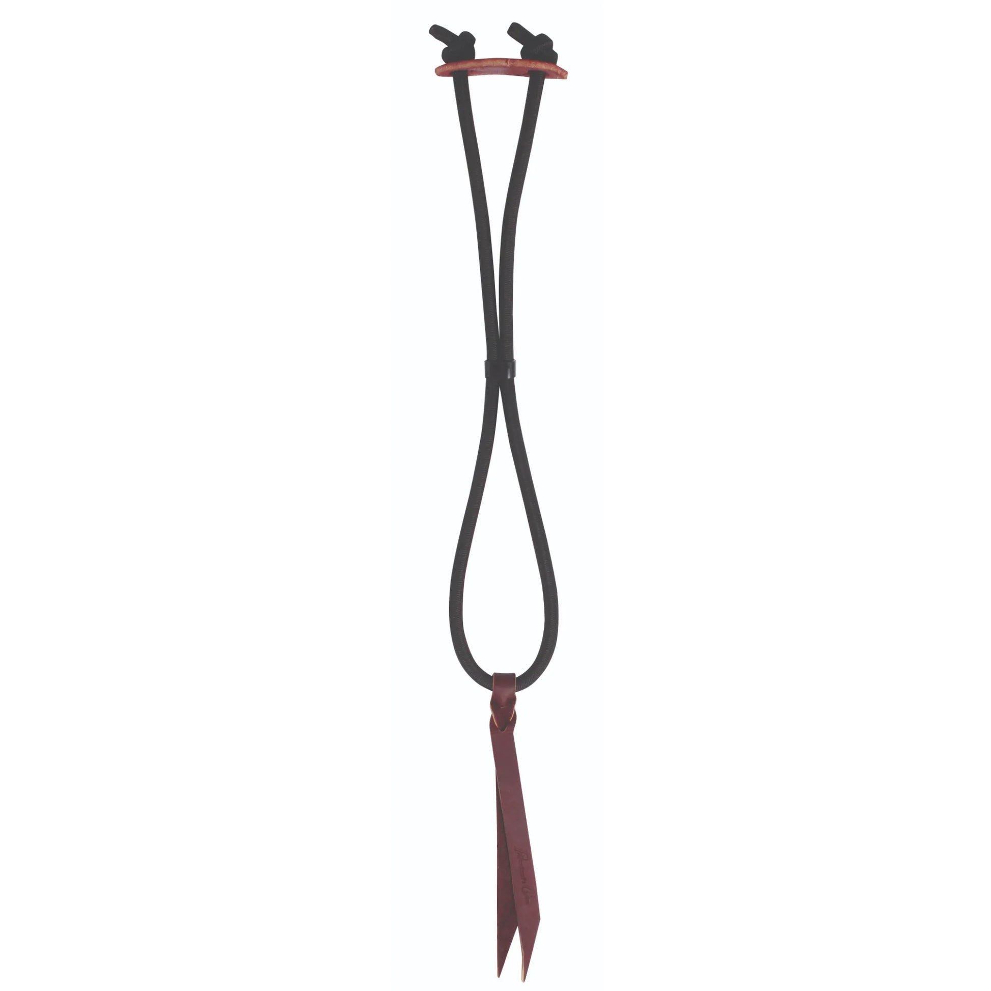 Professional's Choice Rope Holder in black nylon with premium burgundy leather accents. This adjustable rope organizer features a sliding keeper for custom tension and a leather pull strap for easy handling. Designed for efficient lariat management, it keeps your ropes neat and accessible on the saddle or in the tack room. Durable and functional, this is an essential piece of equestrian gear for ropers and horse owners seeking tidy rope storage.