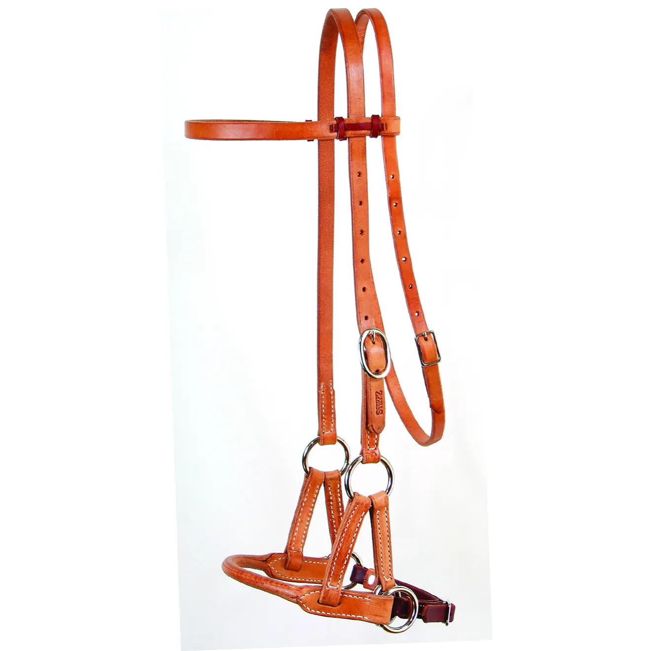 Professional's Choice Round Leather Nose Side Pull in russet brown leather. This high-quality bitless bridle features a soft, round leather noseband designed for gentle control and effective horse training. Crafted with durable stainless steel hardware, it includes an adjustable crown and throat latch for a customized fit. Perfect for western riders looking for a premium leather side pull to start young horses or ride bitless.