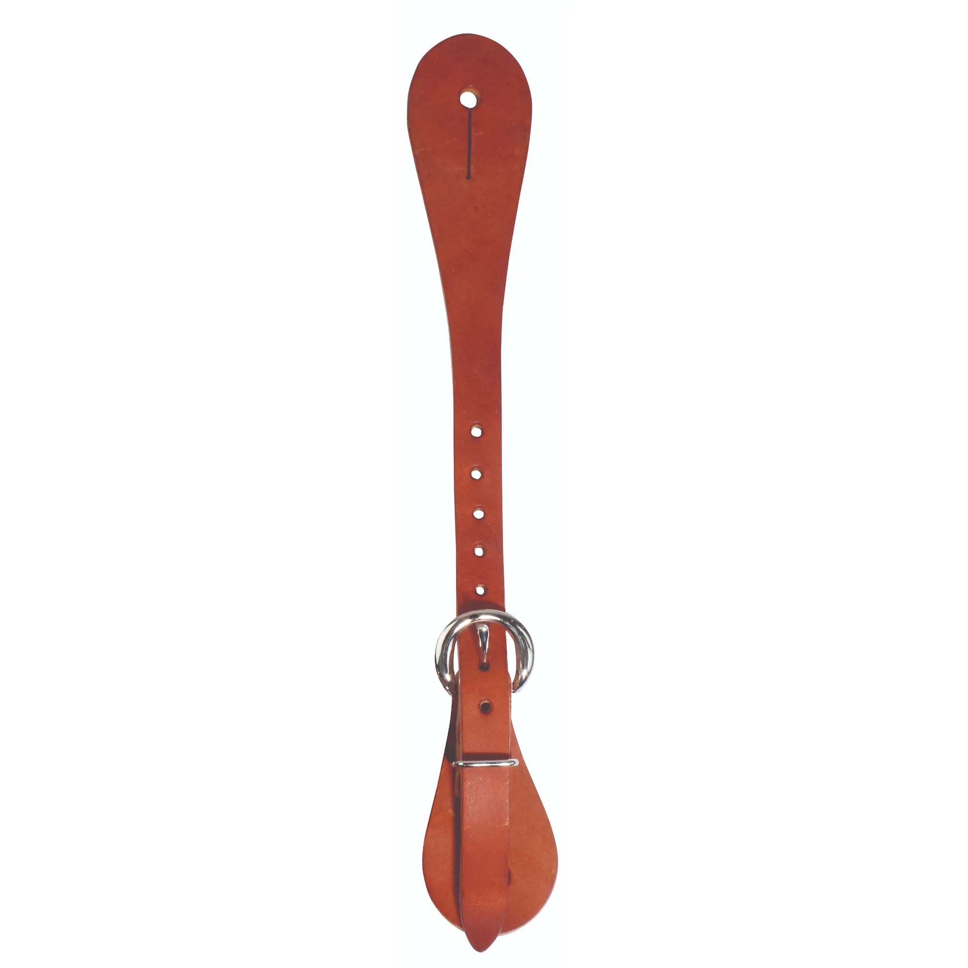 Professional's Choice Sagebrush Leather Spur Straps in a rich chestnut brown. These durable leather western riding accessories feature a polished stainless steel buckle and multiple adjustment holes for a secure, custom fit. Designed for performance and style, the teardrop ends include slit holes for easy attachment to spurs. High-quality equestrian gear perfect for professional and recreational western riders looking for reliable, long-lasting leather horse tack.