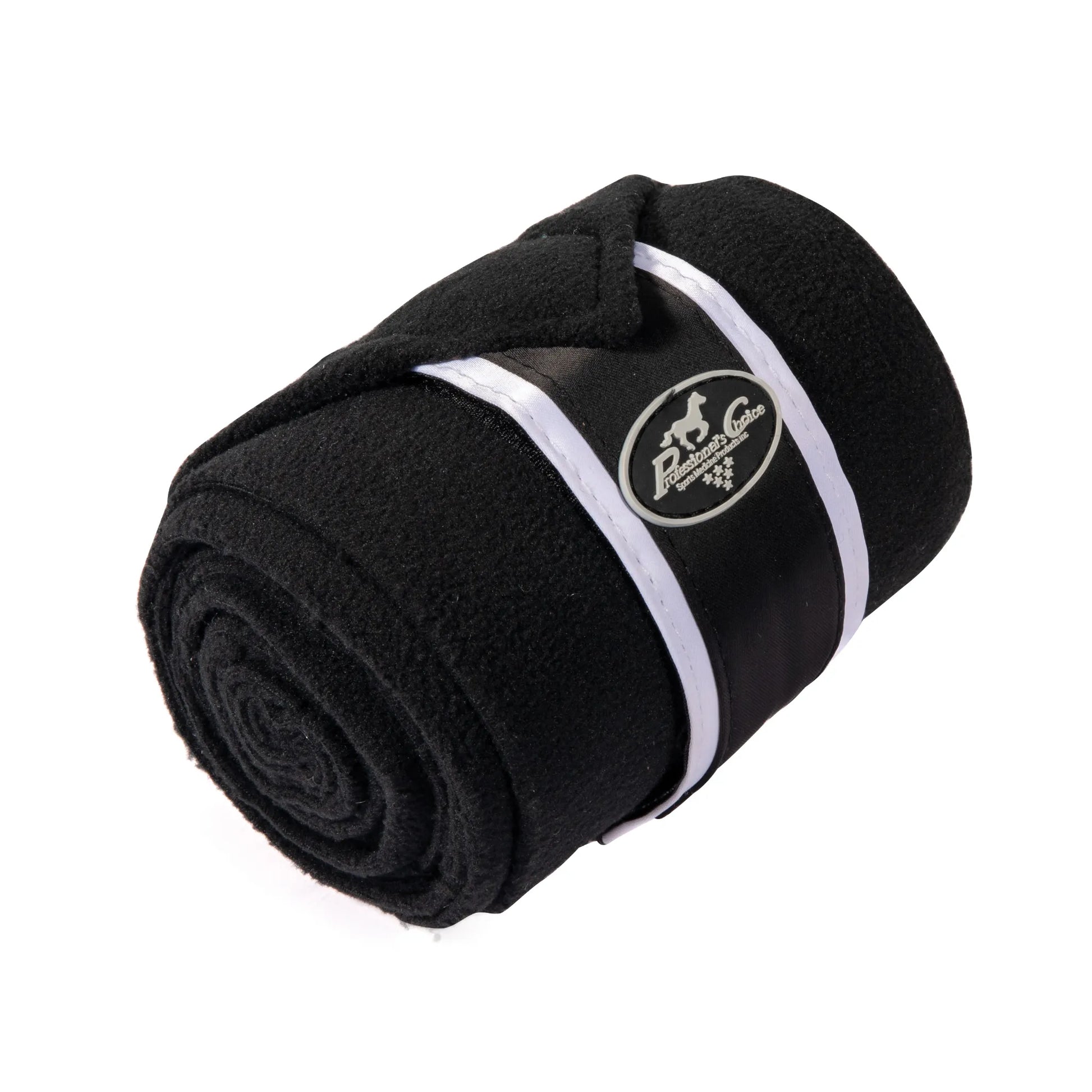 Professional's Choice Black Satin Polo Wraps for horses, featuring high-quality fleece material with elegant white satin borders and a silver brand logo patch. These protective leg bandages are rolled and ready for use, offering both support and style for equestrian training, dressage, or exercise. A must-have for performance horse leg protection and essential stable equipment.