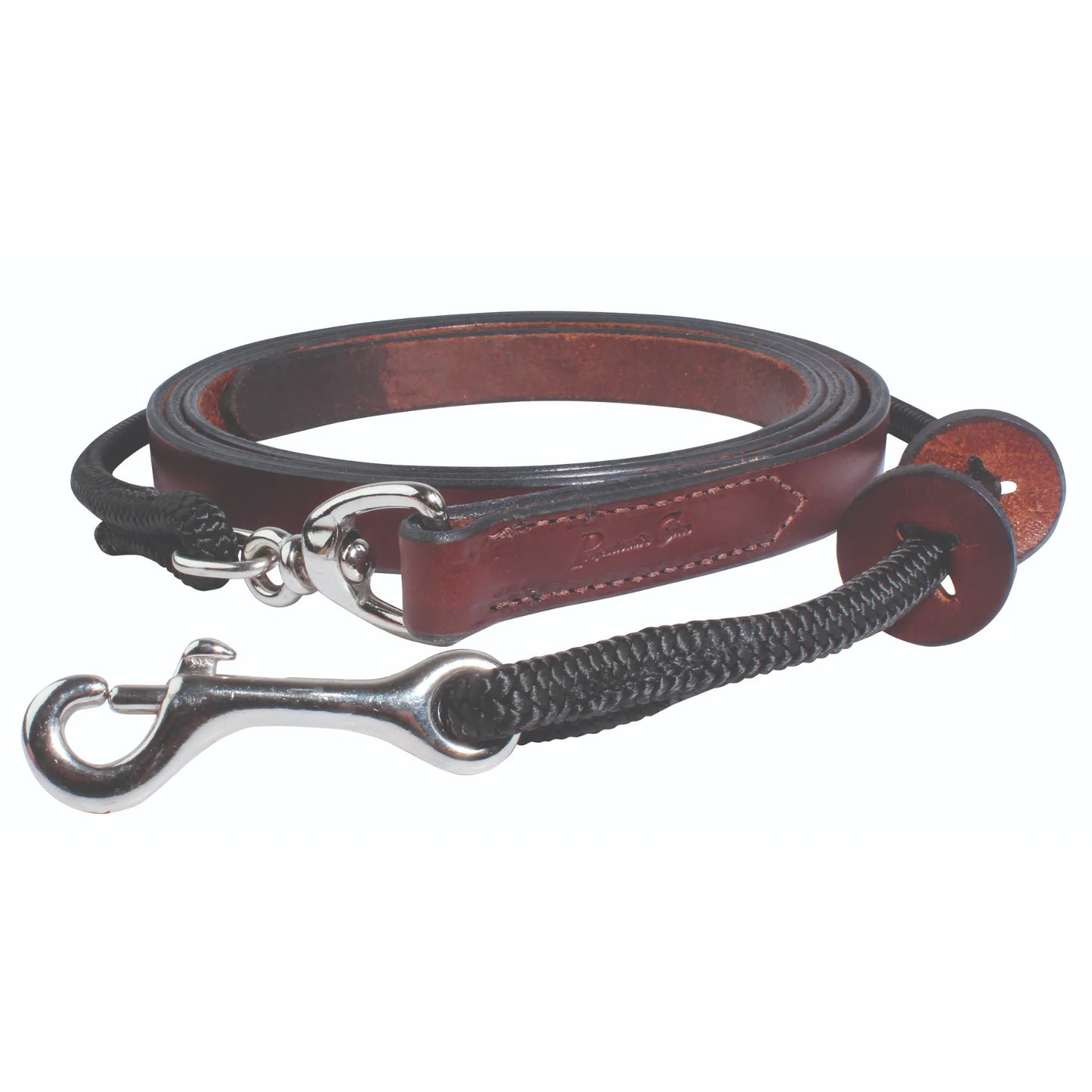 Professional's Choice Schutz Lip Cord Lead for horse control and training. Features a rich brown leather strap with detailed stitching, a black braided cord, and polished silver swivel snap clips. Includes two adjustable leather discs on the cord for precise pressure application. This professional-grade equestrian gear offers a blend of durability and gentle control, making it an essential tool for horse handlers and trainers seeking quality leather equipment.