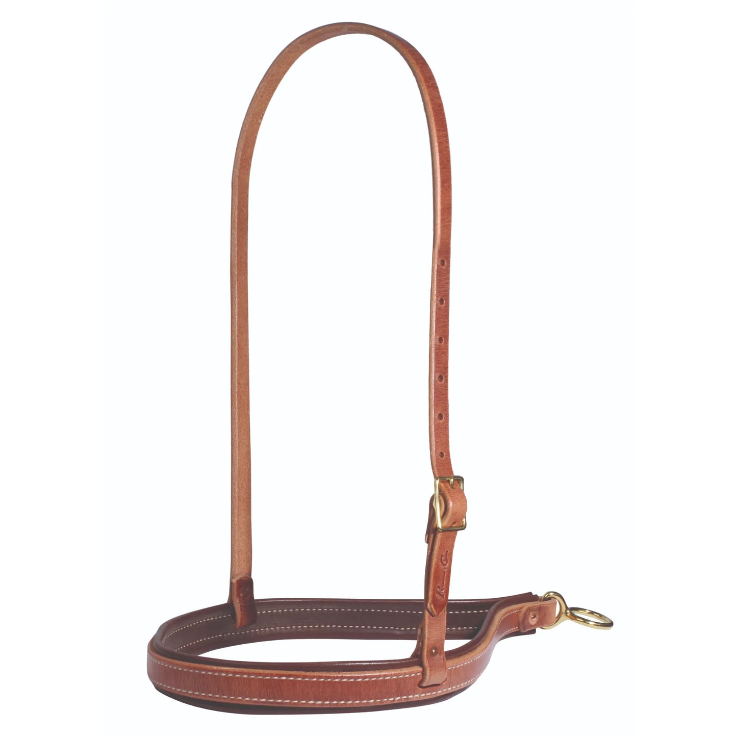 Professional's Choice Schutz Roper Noseband 8037 in rich medium oil leather. This high-quality western noseband features a wide, padded nosepiece with classic white stitching and an adjustable crown strap with a brass buckle. Perfect for roping, training, and everyday equestrian use, it combines durability with a professional look for your horse tack collection.
