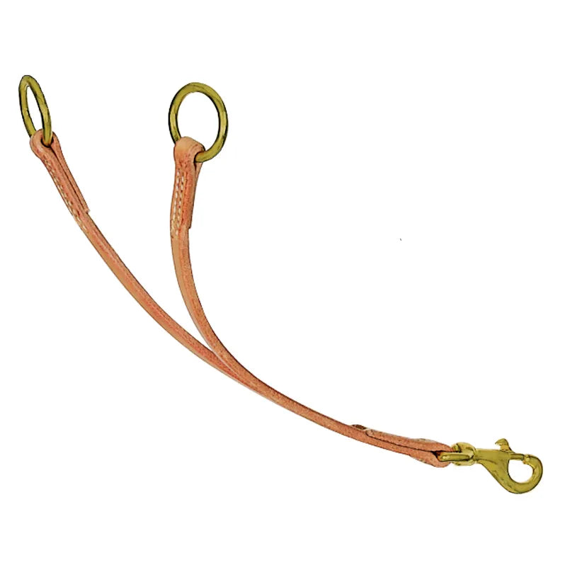 Professional's Choice Short Leather Training Fork crafted from premium natural tan leather for gentle equine communication. This essential horse training tool features two leather straps with durable solid brass rings at the top and a secure brass snap hook at the base for easy attachment. Perfect for refining head position and control, this high-quality western tack piece is a must-have for professional trainers and equestrian enthusiasts alike.