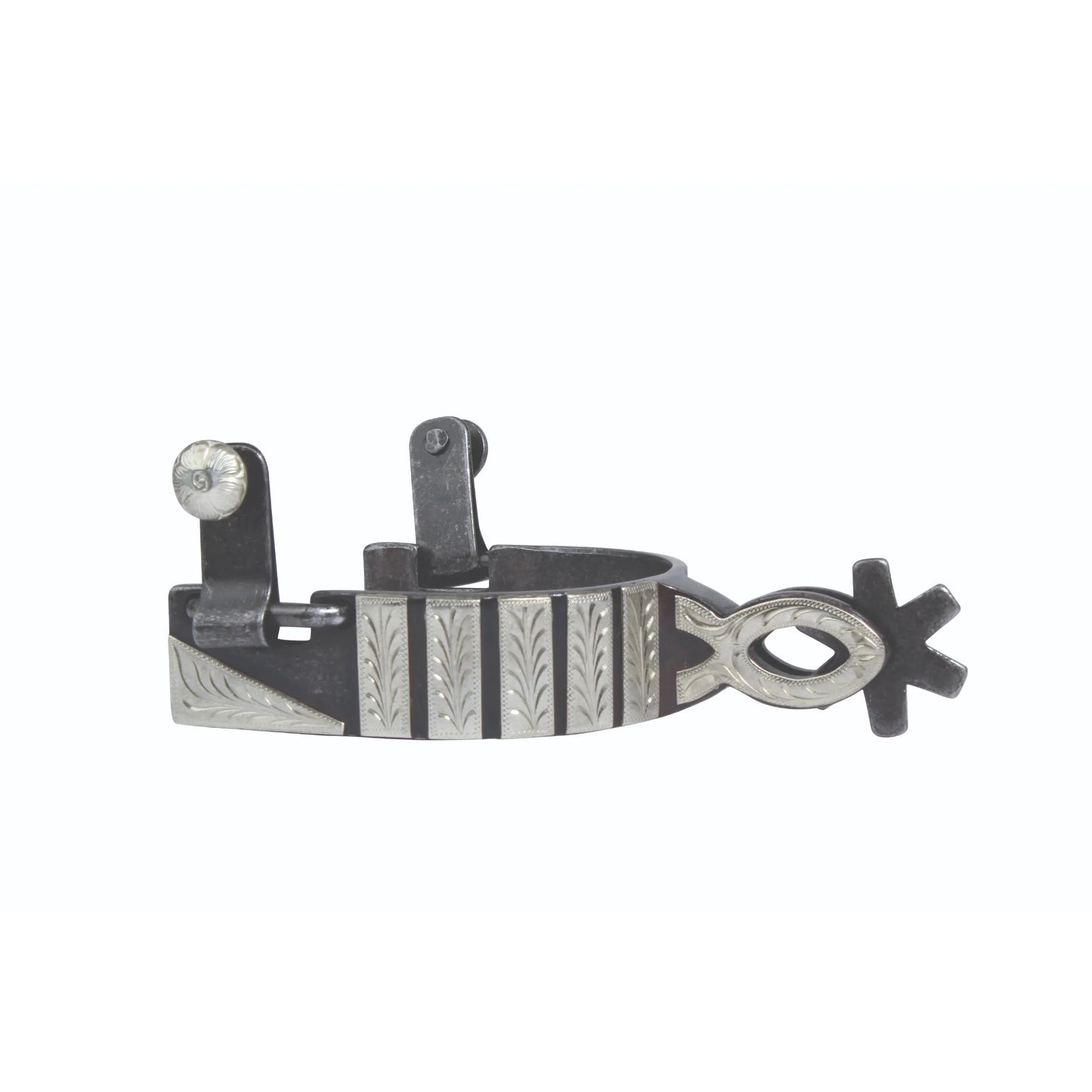 Professional's Choice Silver Bar Spurs for Western horse riding. These equestrian spurs feature a dark steel heel band with elegant silver bar overlays and leaf engravings. Designed with a decorative Chihuahua shank and a 6-point rowel, they combine style and function for competitive performance or trail riding. High-quality Western spurs with intricate silver scrollwork and a classic aesthetic, perfect for cowboys and cowgirls looking for professional-grade gear.