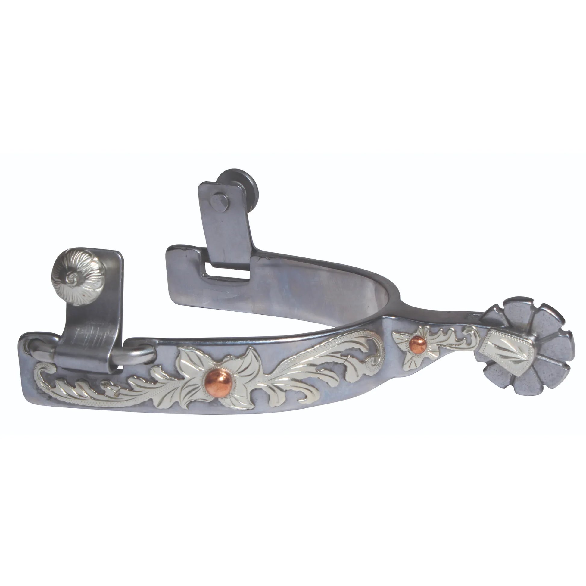 Professional's Choice Silver Spurs featuring an elegant design with intricate floral engravings and copper accents. These western riding spurs offer precise control with a scalloped 10-point rowel and a durable brushed silver finish. A premium equestrian accessory perfect for horse shows, reining, or trail riding, combining classic western style with professional performance.