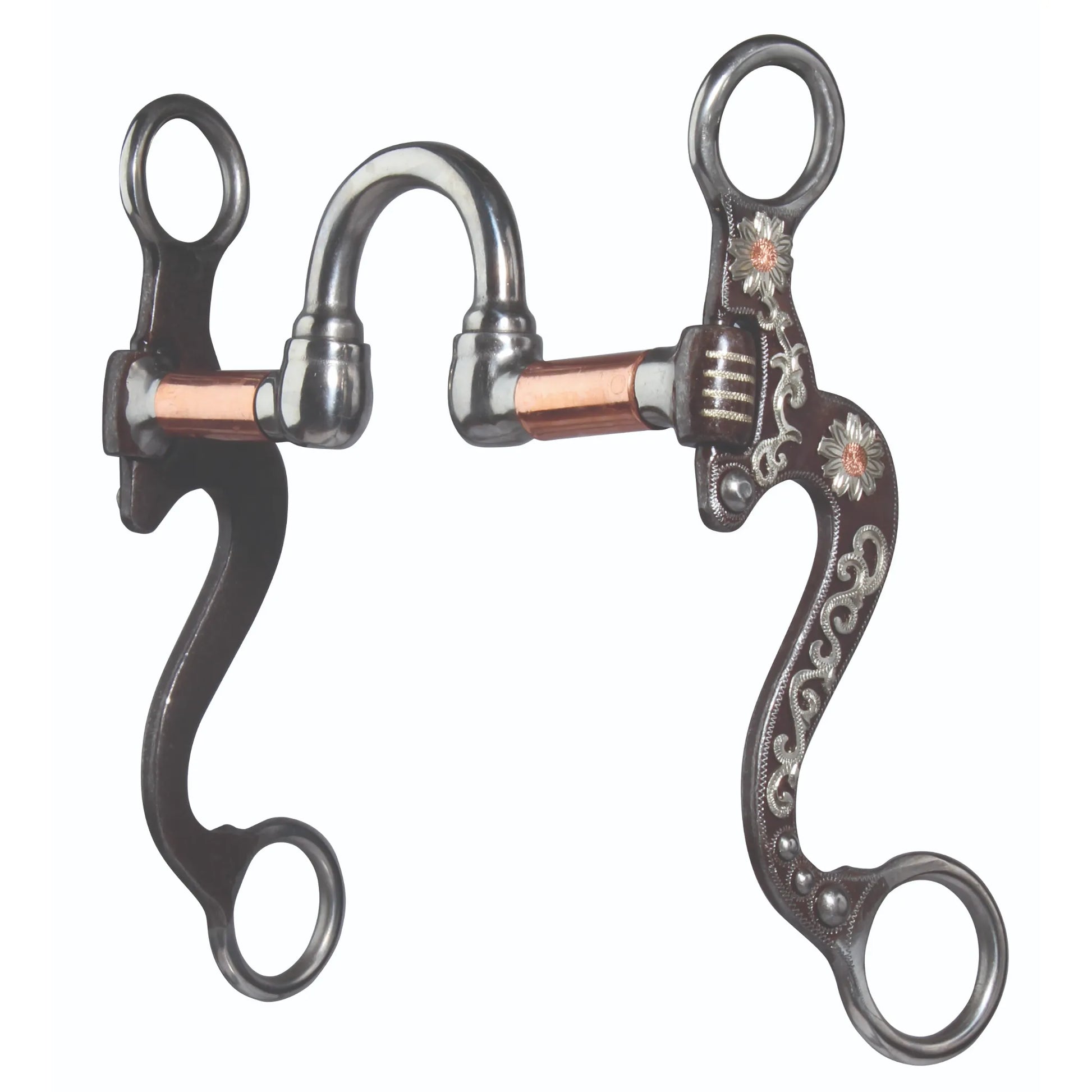 Professional's Choice Small Flower Shank Western horse bit with an antique steel finish and beautiful silver floral engravings. Features a high port mouthpiece with copper-wrapped bars to encourage salivation and relaxation. The elegantly curved S-shaped shanks are accented with copper flower centers, blending professional performance with exquisite show style. A high-quality curb bit designed for refined control and classic equestrian craftsmanship.