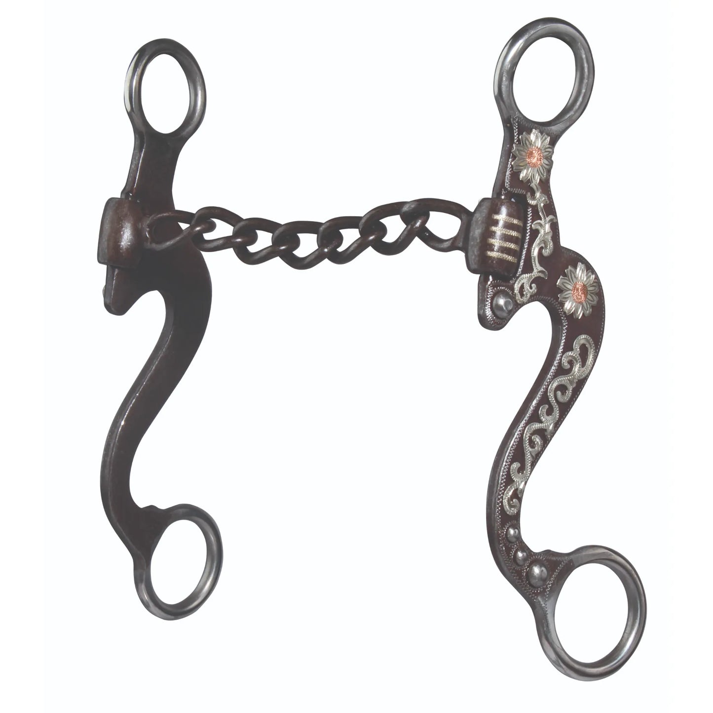 Professional's Choice Small Flower Shank horse bit featuring elegant S-curved shanks in a dark browned finish with ornate silver and copper floral engravings. This Western curb bit includes a flexible chain mouthpiece and polished stainless steel rings. Perfect for Western show or pleasure riding, it combines decorative craftsmanship with functional design for a classic look and effective communication with your horse.