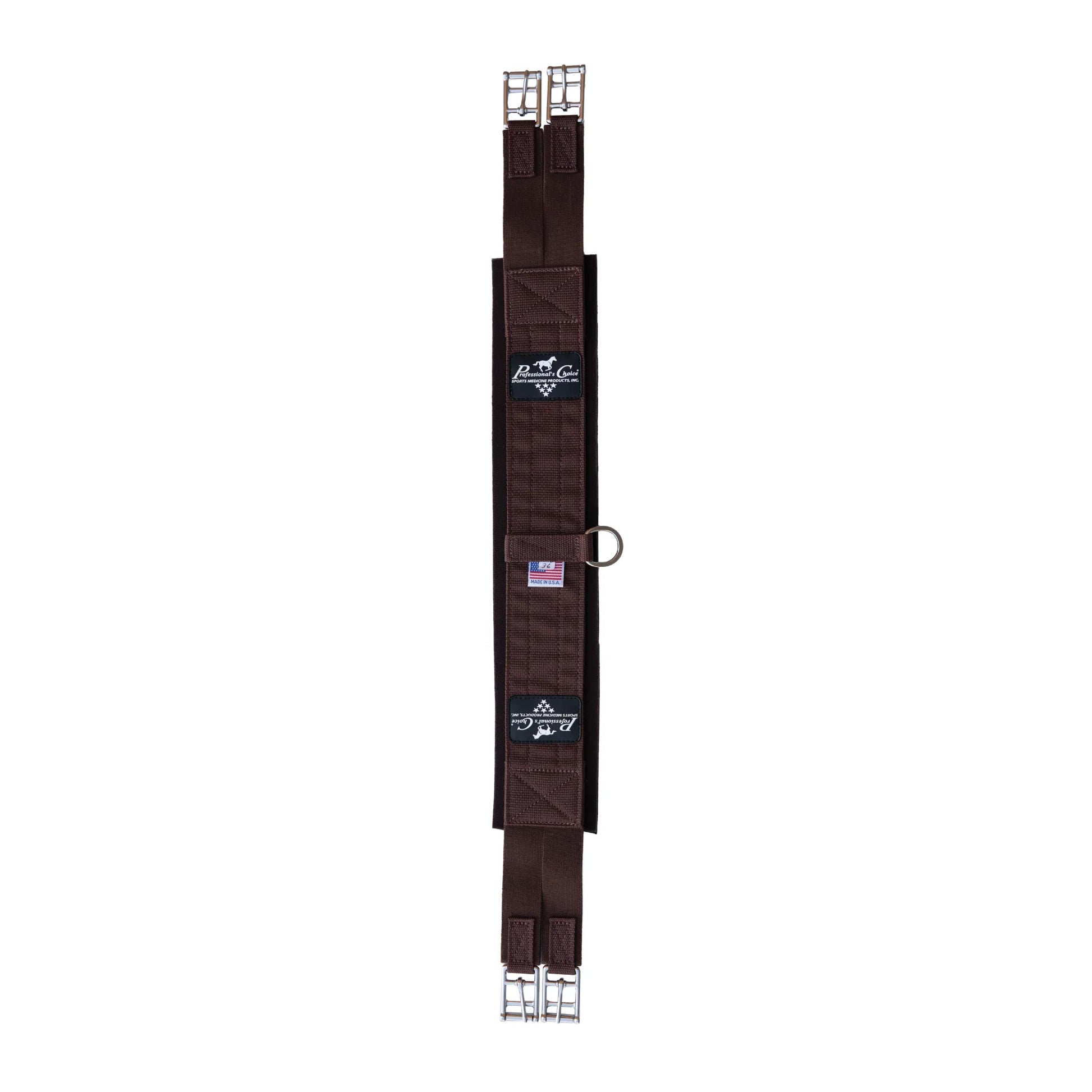Professional's Choice SMX English Girth in chocolate brown, featuring a non-slip, breathable design for horse comfort. This durable girth includes double stainless steel roller buckles at both ends and a centered D-ring for training attachments. Detailed with Professional’s Choice branding and a "Made in USA" tag, it provides a secure fit and stability for English riding disciplines like jumping or dressage.