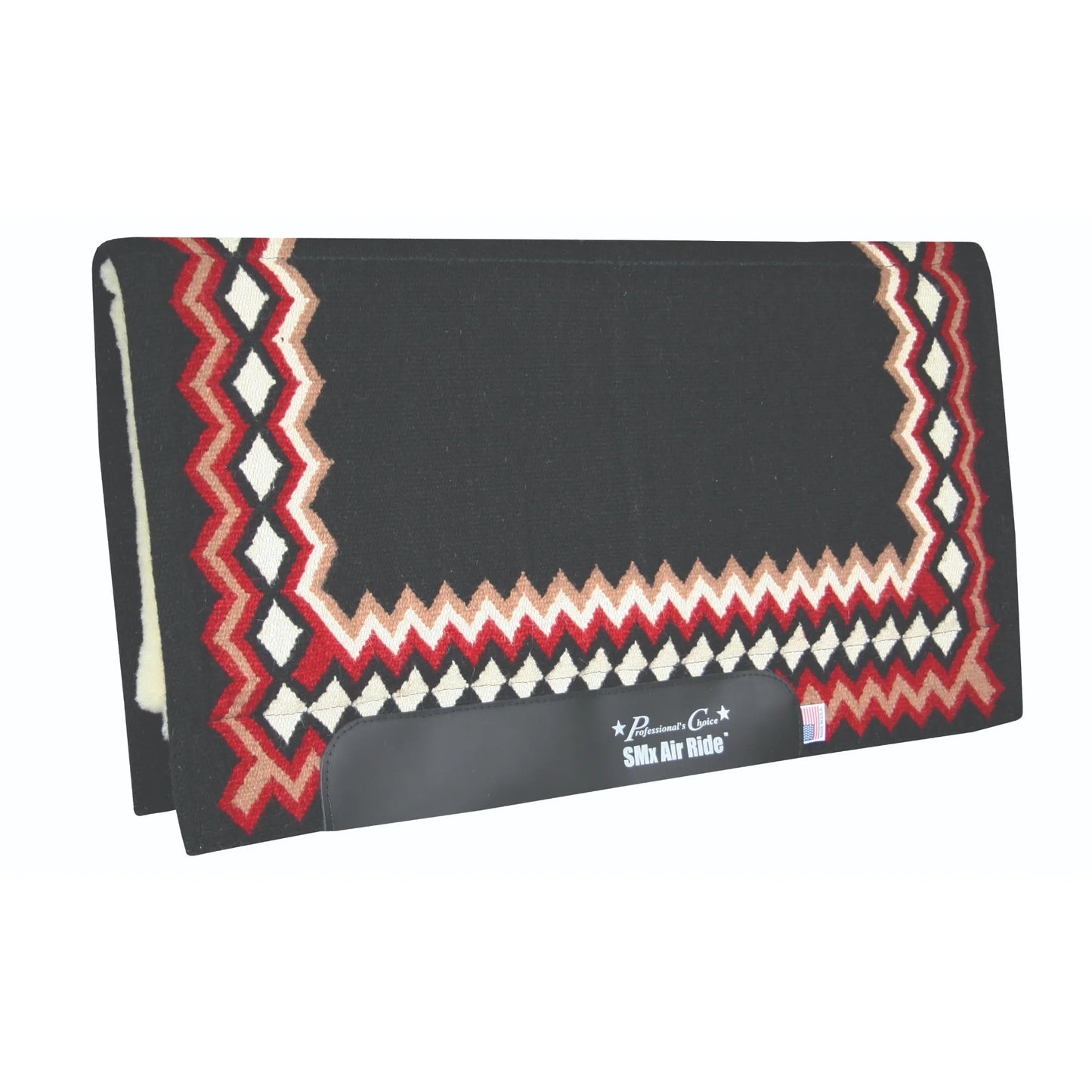 Professional's Choice SMx Heavy Duty Air Ride Shilloh Western Saddle Pad featuring a hand-woven 100% Navajo wool top in black with a red, tan, and white geometric border. This 34" x 36" pad includes a 3/4" breathable core, fleece lining for horse comfort, and black leather wear leathers with the Professional's Choice logo. A premium choice for western performance, ranching, and trail riding enthusiasts looking for durable, high-quality equestrian gear.