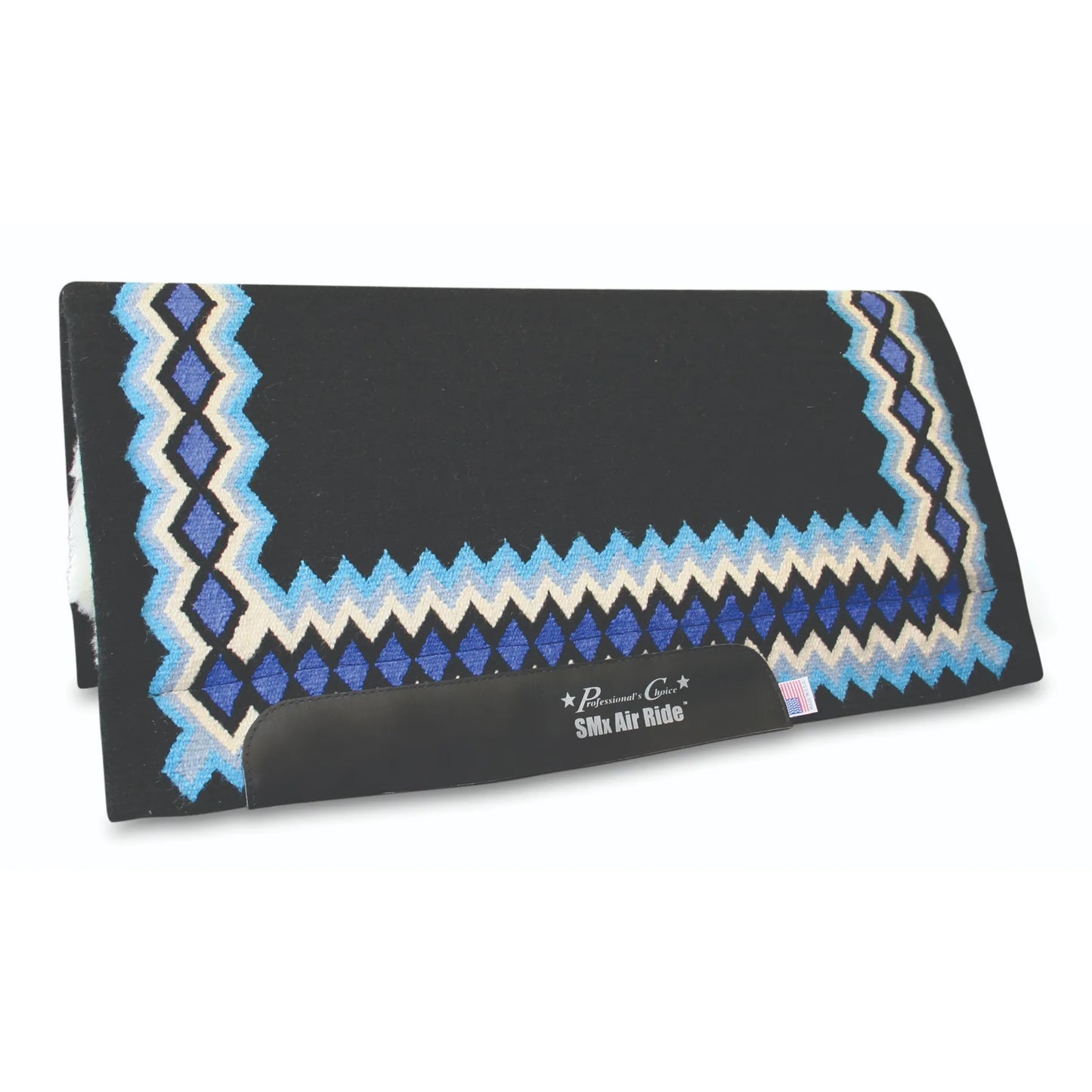 Professional's Choice SMx Heavy Duty Air Ride Shilloh Western Saddle Pad featuring a black hand-woven 100% Navajo wool top. The stylish geometric border showcases royal blue, light blue, cream, and grey diamond patterns. This 34" x 36" pad includes a 3/4" breathable core for horse comfort and black leather wear leathers with branded logos. Premium equestrian gear perfect for performance and protection in the arena or on the trail.