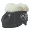 Professional's Choice Spartan II Bell Boot in black with a plush cream sheepskin collar for ultimate horse hoof protection. Features a durable TPU shell, secure hook-and-loop strap with the brand logo, and fleece lining to prevent rubbing. Ideal equestrian gear for overreach protection during training or performance. Essential high-quality bell boots for horses.