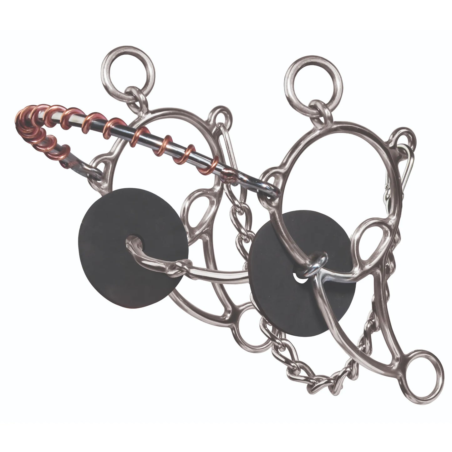 Professional's Choice Combo Snaffle Horse Bit featuring a 5.5-inch twisted wire mouthpiece with a copper-wrapped lifesaver center. This silver-tone stainless steel bit includes smooth rings, long shanks, a curb chain, and black rubber bit guards for precision control and horse comfort. A versatile piece of equestrian tack, this combination bit blends the leverage of a curb with the direct pressure of a snaffle, ideal for training and refined performance.