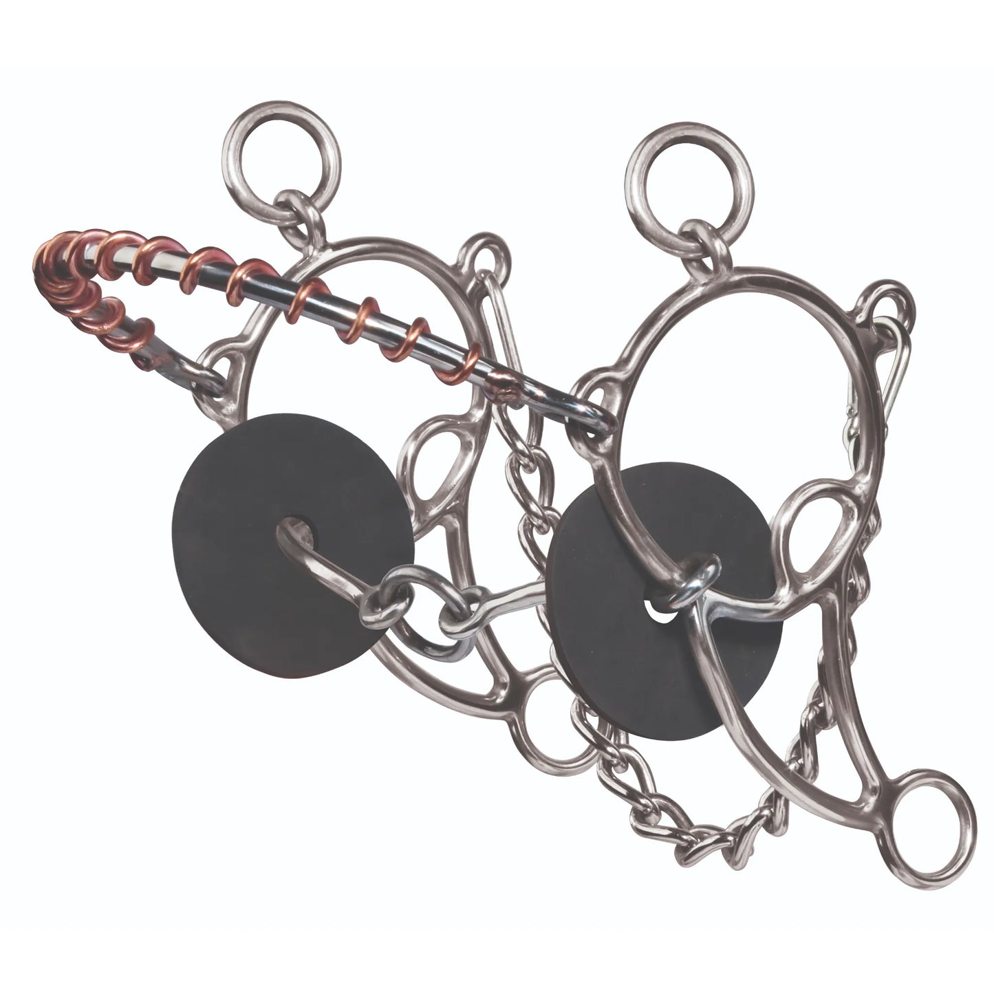 Professional's Choice Combo Snaffle Horse Bit with a 5.5" twisted wire lifesaver mouthpiece. This high-performance equestrian bit features a copper-wrapped wire noseband, smooth rings, and durable stainless steel construction. Equipped with black rubber bit guards and a curb chain for refined control. A versatile western training bit ideal for barrel racing and speed events, combining gag and curb pressure for effective communication with your horse.