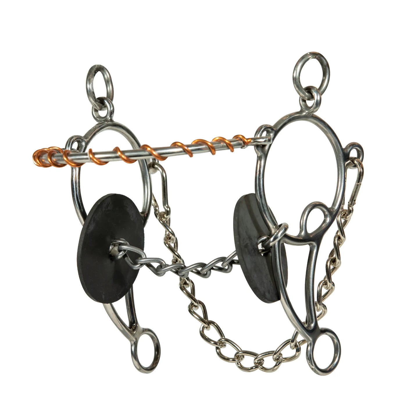 Professional's Choice Combo Snaffle Horse Bit with a 5.5-inch twisted wire lifesaver mouthpiece and copper wrapping for enhanced sensitivity. This durable stainless steel bit features smooth rings, short shanks, black rubber bit guards, and an integrated curb chain. A versatile equestrian tool for training and performance, providing balanced control and responsiveness for western riding disciplines. High-quality horse tack designed for clear communication.