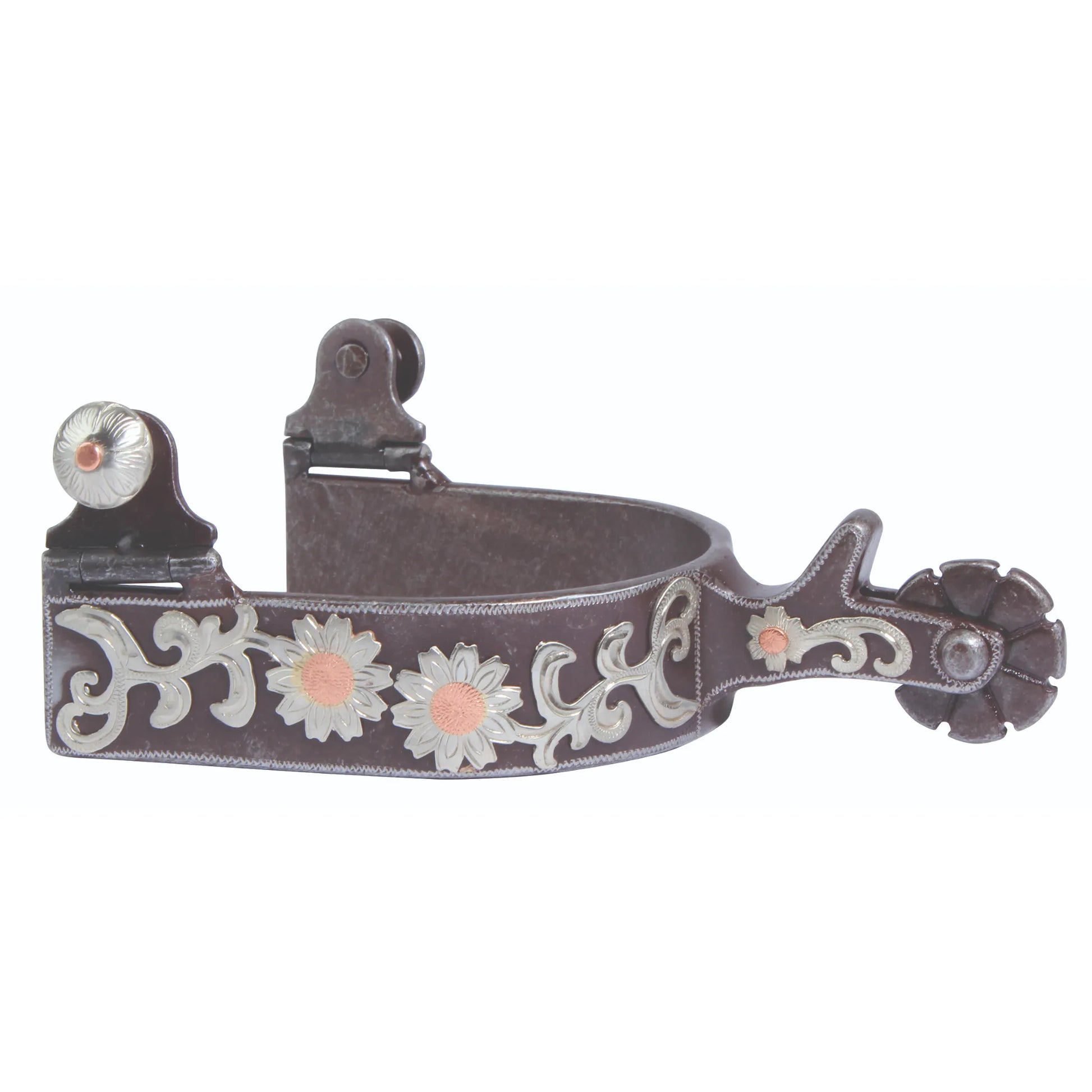 Professional's Choice PC Small Flower Spur in an antique brown finish with elegant silver floral and scrollwork overlays. Features two small flowers with copper centers on the heel band, a 10-point scalloped rowel, and swinging buttons for leather straps. Beautifully crafted western riding equipment perfect for horse shows, trail riding, or barrel racing. Stylish and functional western equestrian accessory for riders looking for a decorative touch.