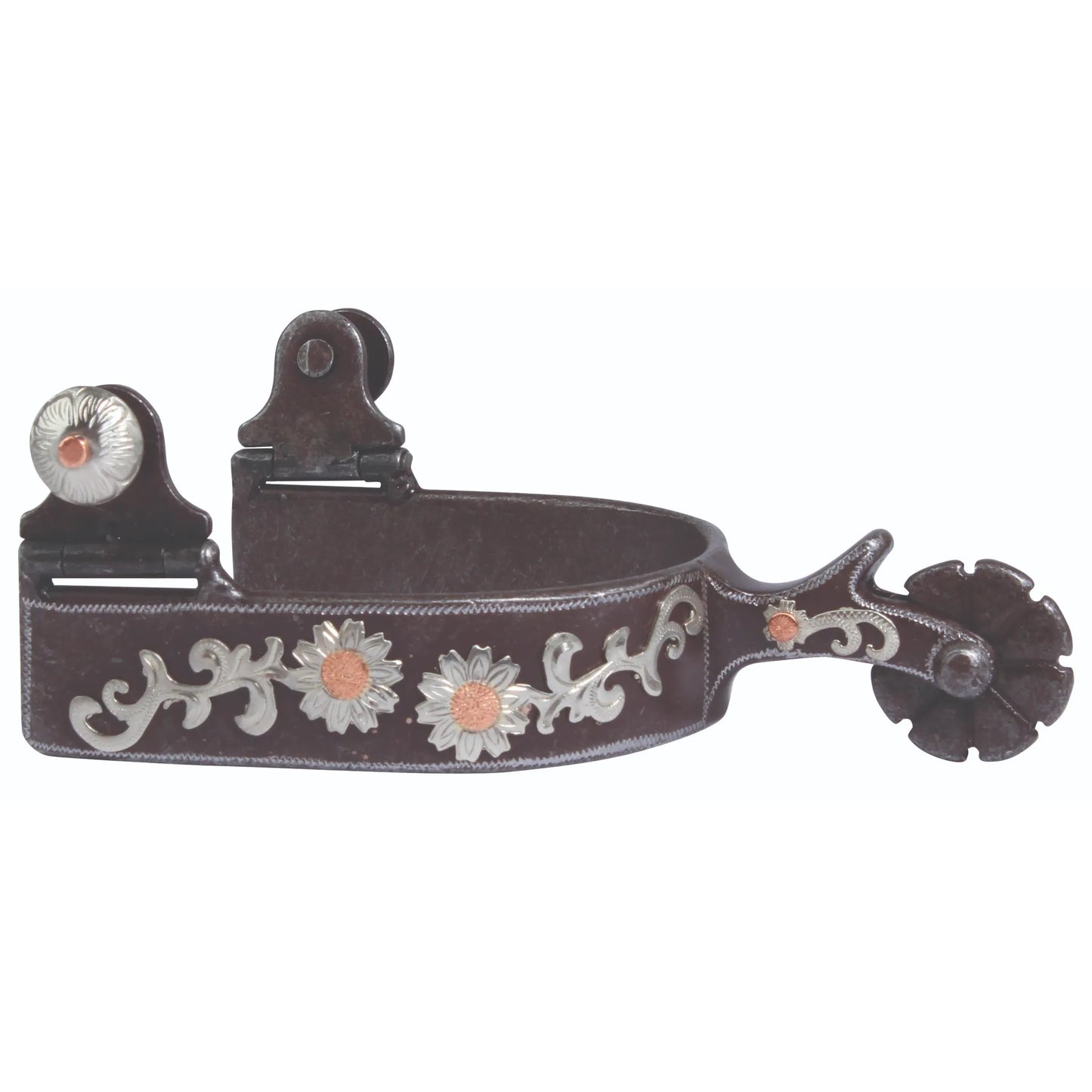 Professional's Choice PC Small Flower Western Spur featuring a dark brown antique finish with elegant silver scrollwork and copper-centered floral overlays. This high-quality equestrian accessory includes swinging buttons for easy strap attachment and a classic circular rowel. Perfect for western riding disciplines like reining or barrel racing, combining professional performance with decorative style.