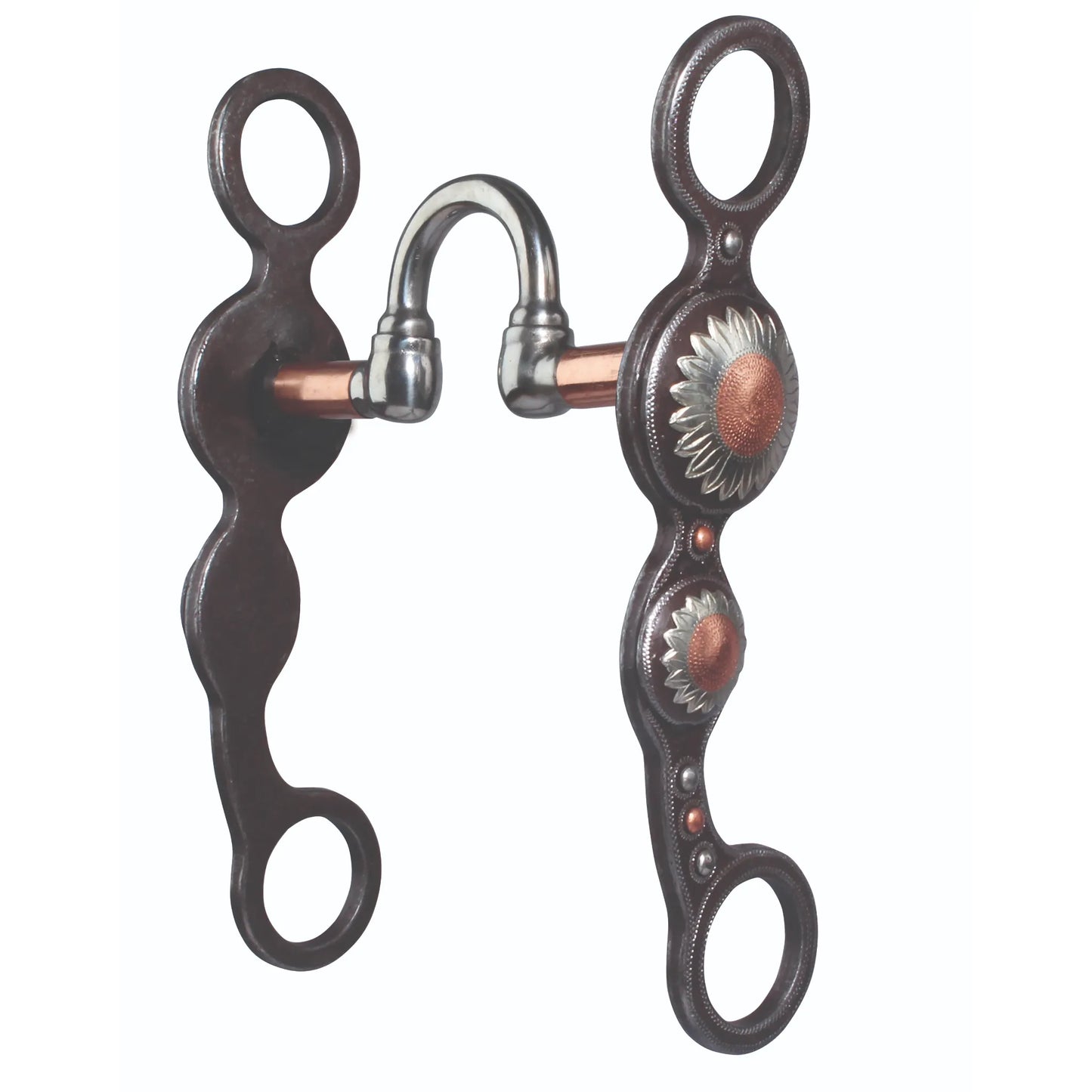Professional's Choice PC Sunflower Western curb bit featuring dark steel shanks adorned with intricate silver and copper sunflower overlays. This high-port mouthpiece includes copper rollers to promote salivation and responsiveness. A stunning piece of equestrian tack that combines functional design with striking artisanal details, perfect for Western show or pleasure riding and horse training.
