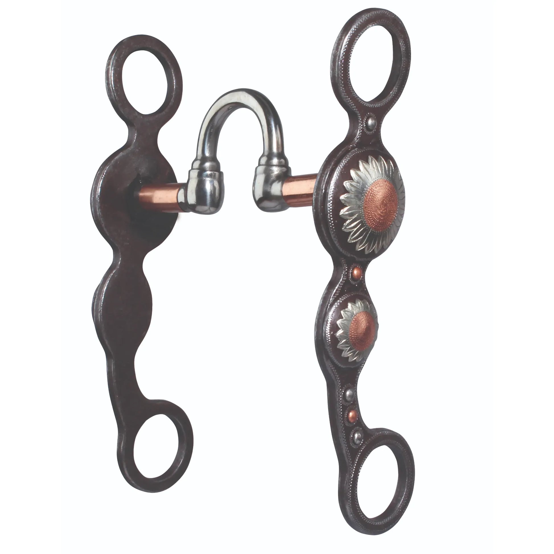 Professional's Choice PC Sunflower Western curb bit featuring dark steel shanks adorned with intricate silver and copper sunflower overlays. This high-port mouthpiece includes copper rollers to promote salivation and responsiveness. A stunning piece of equestrian tack that combines functional design with striking artisanal details, perfect for Western show or pleasure riding and horse training.