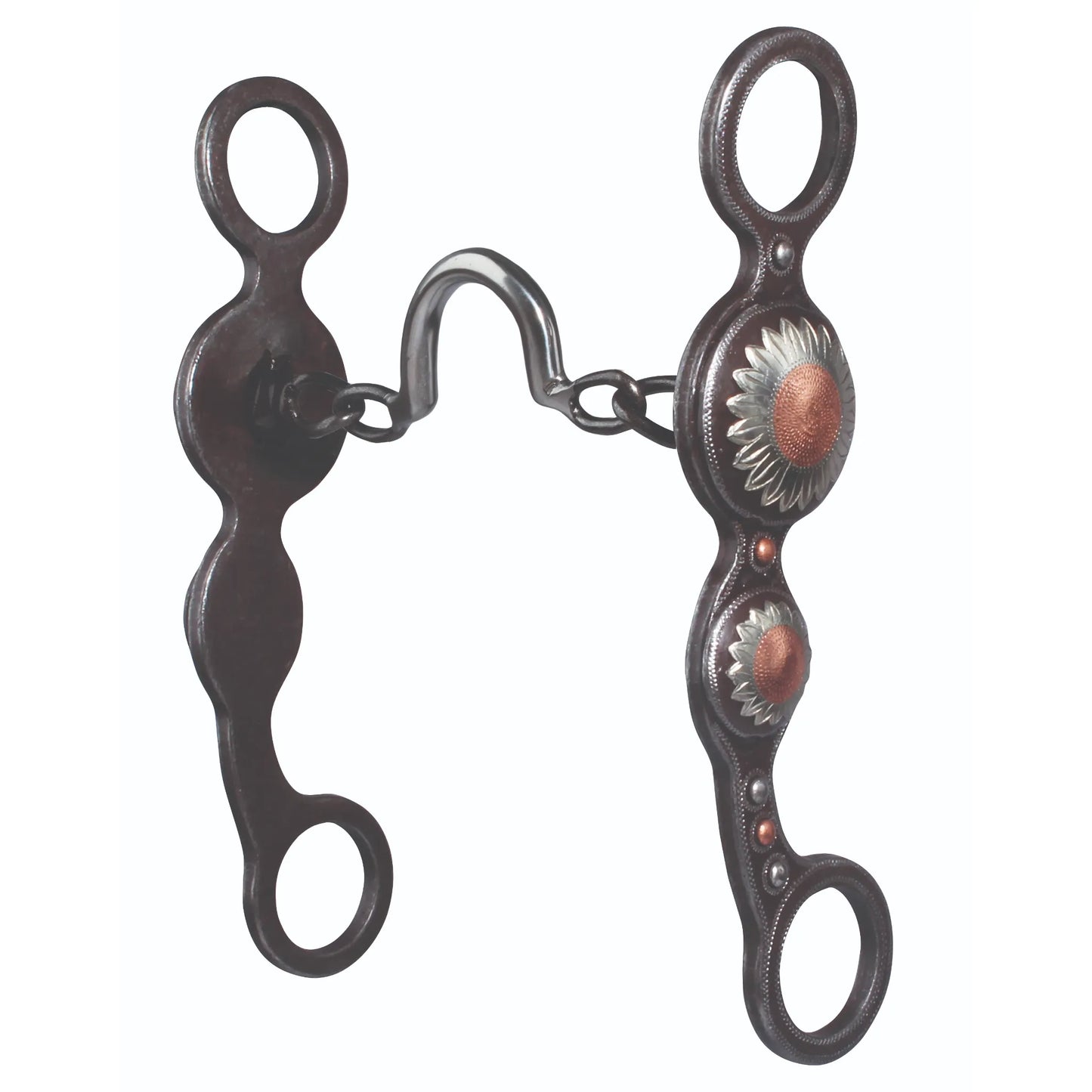 Professional's Choice PC Sunflower Western horse bit featuring dark steel shanks adorned with beautiful silver and copper sunflower conchos. This curb bit includes a high port mouthpiece and loose-jaw shanks for precise communication. Ideal for Western disciplines, this decorative equestrian tack adds a touch of artisan style to your horse's bridle. Durable, high-quality horse equipment for showing or trail riding.