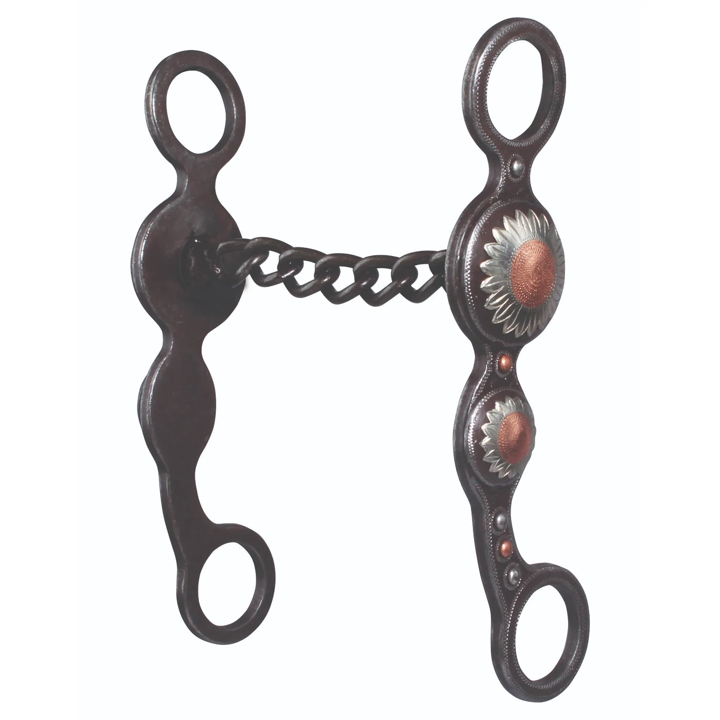 Professional's Choice Sunflower western shank horse bit featuring intricate silver and copper sunflower conchos on dark antique-finished shanks. This elegant bit includes a twisted chain mouthpiece for effective control and communication. A beautiful piece of western tack perfect for barrel racing or trail riding, adding a custom, floral touch to your horse's headstall.