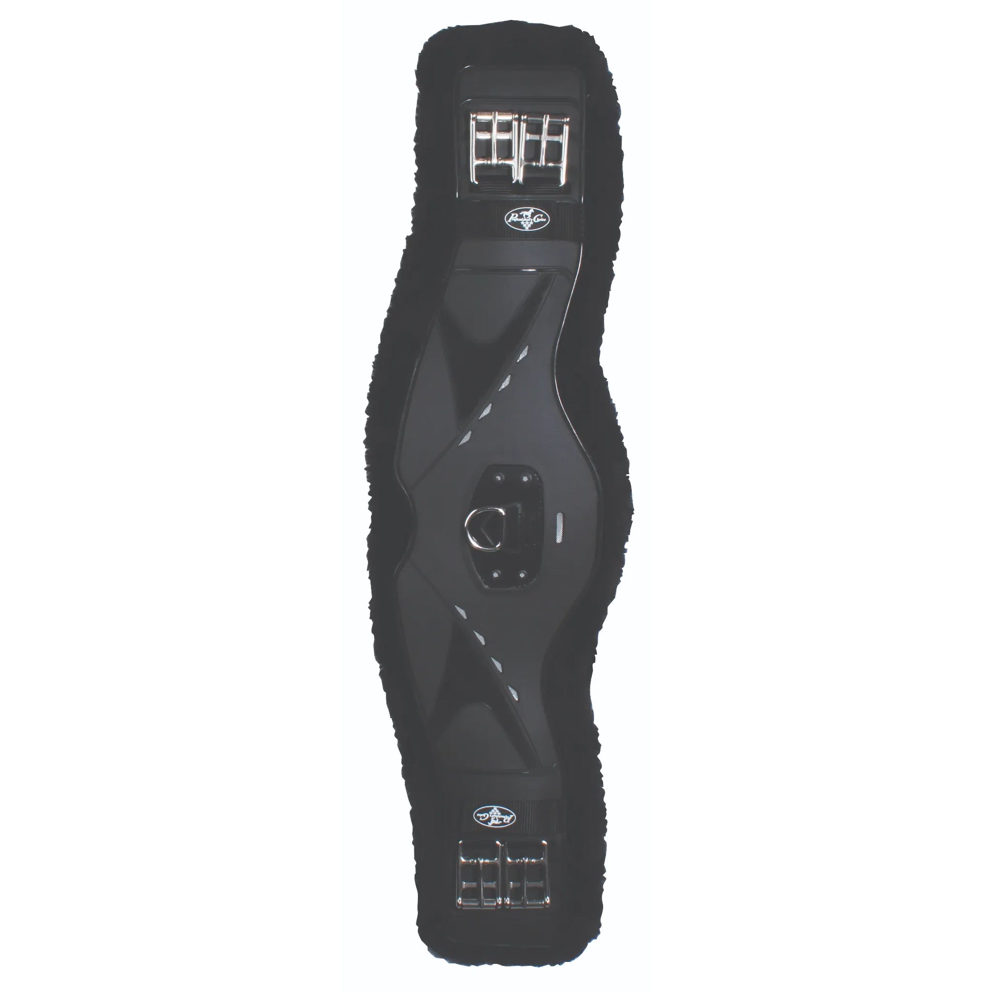 Professional's Choice VenTech Contoured Dressage Girth in black, featuring a breathable VenTech neoprene liner and soft black fleece padding for maximum horse comfort. This high-performance equestrian girth includes durable stainless steel roller buckles and a central D-ring for attachments. Its ergonomic, contoured shape ensures a secure fit and freedom of movement, perfect for dressage riders looking for premium quality horse tack.