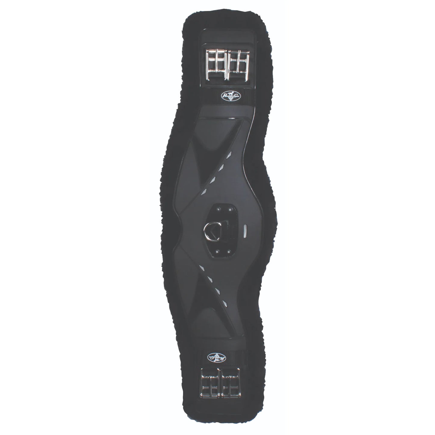 Professional's Choice VenTech Contoured Dressage Girth in black (#CDGF), featuring an ergonomic design for horse comfort. This high-quality equestrian girth includes a breathable, non-slip VenTech liner and plush black fleece padding. Equipped with stainless steel double-roller buckles for secure fastening and a center D-ring for training aid attachments. Ideal for dressage, providing superior stability and freedom of movement for your horse.