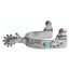Professional's Choice western spur featuring brushed silver metal with intricate feather engravings and a vibrant turquoise stone inlay. This elegant horse riding spur includes classic silver bead detailing and a large spoke rowel. A perfect blend of style and function for western equestrian enthusiasts, cowgirls, and ranch riders seeking high-quality southwestern-style tack.