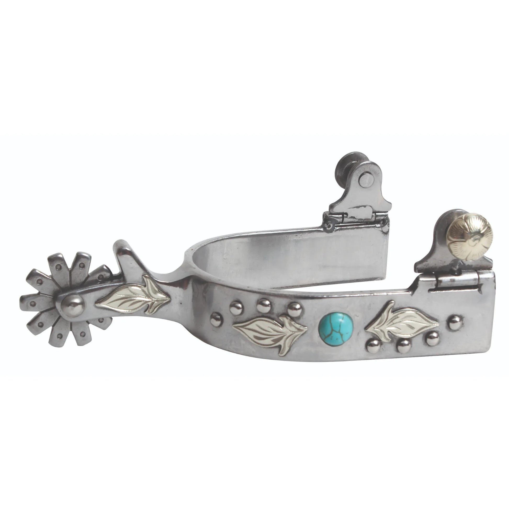 Professional's Choice western spur featuring brushed silver metal with intricate feather engravings and a vibrant turquoise stone inlay. This elegant horse riding spur includes classic silver bead detailing and a large spoke rowel. A perfect blend of style and function for western equestrian enthusiasts, cowgirls, and ranch riders seeking high-quality southwestern-style tack.