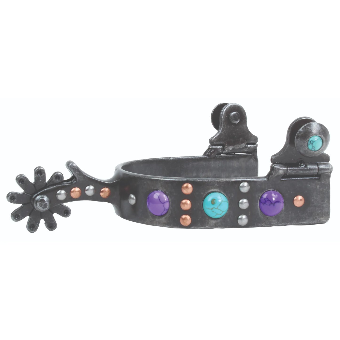Professional’s Choice Stone Dot Spurs featuring a sleek dark finish accented with vibrant turquoise and purple stones, copper dots, and silver studs. These western spurs combine performance with southwestern elegance, featuring a multi-point rowel and swinging buttons for strap attachment. A stylish choice for professional equestrians and trail riders looking for unique horse riding gear that stands out in the arena.