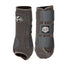 Professional's Choice Strike Front Sports Medicine Horse Boots in charcoal grey. These protective horse boots feature three secure hook-and-loop straps and a reinforced strike pad for maximum impact support. Designed for performance, they provide ergonomic leg protection and tendon support for equine athletes during training or competition.