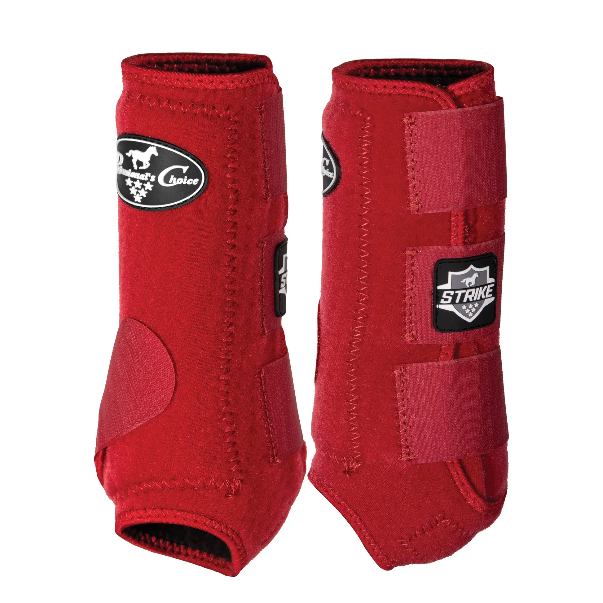 Professional's Choice Strike Front Sports Medicine Horse Boots in a bold red color. These high-performance boots offer superior impact support and leg protection for equine athletes. Crafted with durable material and secure triple hook-and-loop straps, they feature a reinforced strike zone for added safety. Perfect for equestrian training, jumping, or daily exercise. Essential protective horse gear for support and style.