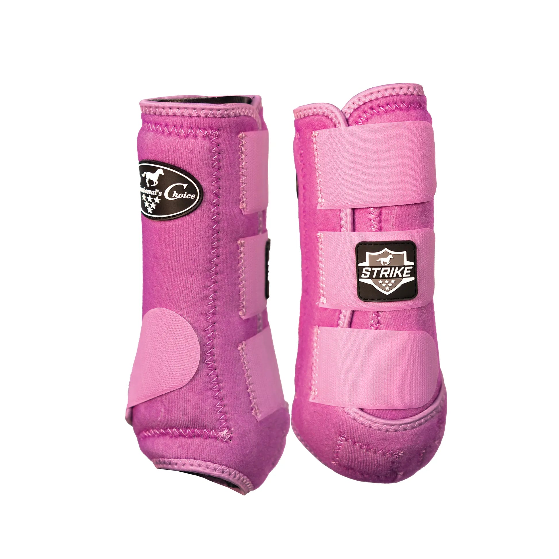 Professional's Choice Strike Front Sports Medicine Horse Boots in vibrant pink, designed for protective impact support. These equestrian boots feature high-quality neoprene with reinforced stitching, three secure pink hook-and-loop straps, and the signature STRIKE logo. Ideal for protecting your horse's legs during high-intensity training, jumping, or competition, combining style with professional-grade durability.