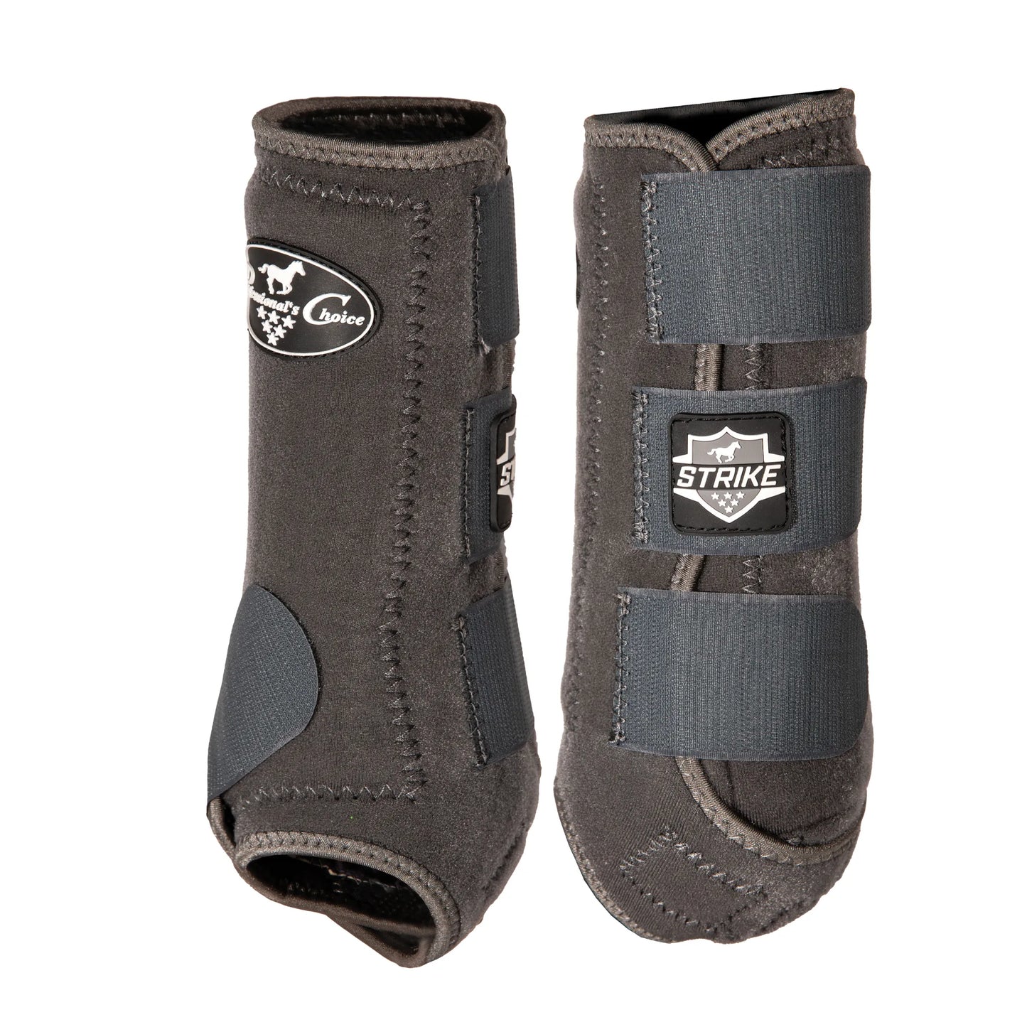 Professional's Choice Strike Front Sports Medicine Horse Boots in charcoal grey. These durable horse boots provide protective impact support with reinforced strike pads and three secure hook-and-loop straps. Featuring the Professional's Choice and Strike logos, this premium equestrian leg protection is designed for peak performance and safety during training. High-quality neoprene boots for horse owners seeking reliable impact-resistant gear.