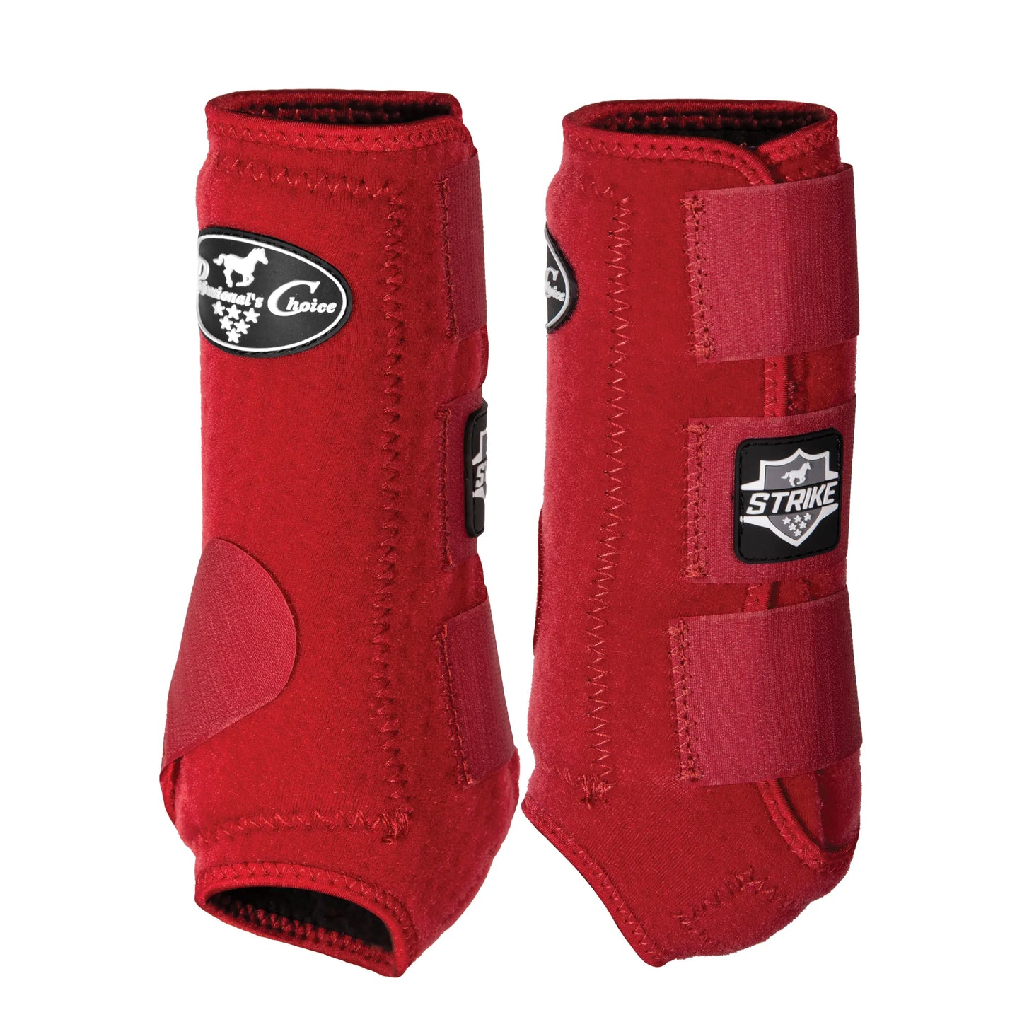 Professional's Choice Strike Front Sports Medicine Horse Boots in vibrant red, designed for impact protection and leg support. This pair of protective equine boots features three secure hook-and-loop straps, a durable strike zone for shock absorption, and signature "STRIKE" and Professional's Choice branding. Ideal for performance horses needing athletic support and injury prevention during training or competition. High-quality red horse leg wraps for superior equestrian care.