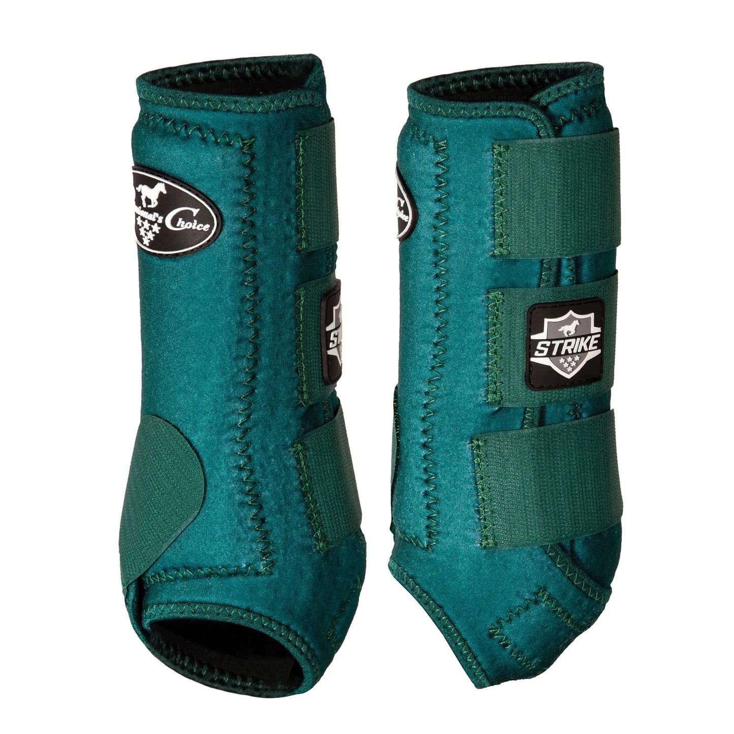 Professional's Choice Strike Front Sports Medicine Horse Boots in a rich hunter green. These high-performance equine boots provide essential impact support with a contoured fit and three adjustable hook-and-loop straps. Featuring a reinforced strike zone for superior leg protection during jumping, reining, or daily workouts. Durable, stylish, and engineered for maximum comfort and safety for your horse’s front legs.