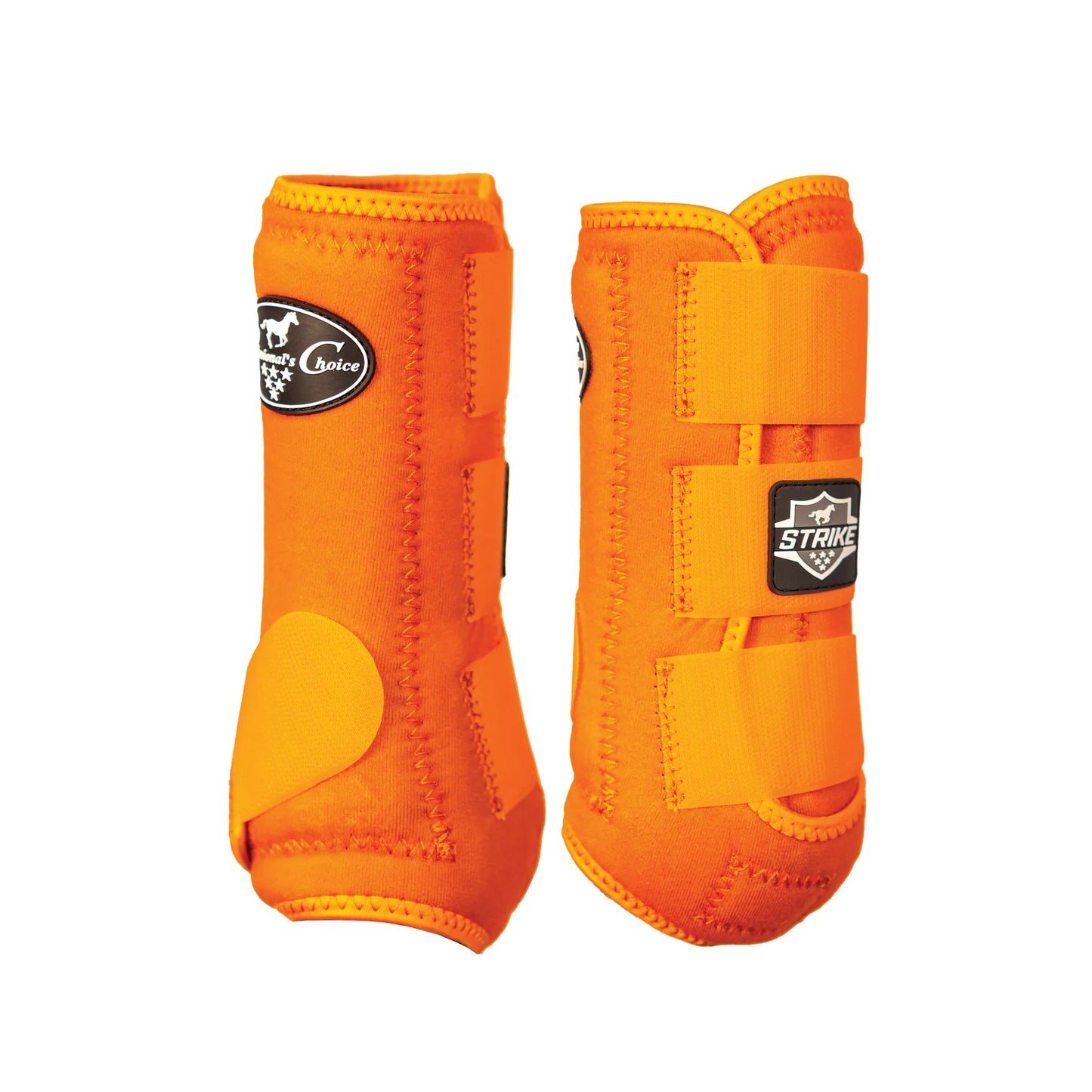 Professional's Choice Strike Front Sports Medicine Horse Boots in vibrant orange. These durable equine leg protectors provide essential impact support with a shock-absorbing design and reinforced strike pads. Featuring three secure hook-and-loop straps and a breathable neoprene build, they offer maximum protection and comfort for your horse's front legs during any discipline. Ideal for riders seeking high-performance horse gear in a bold, bright color.