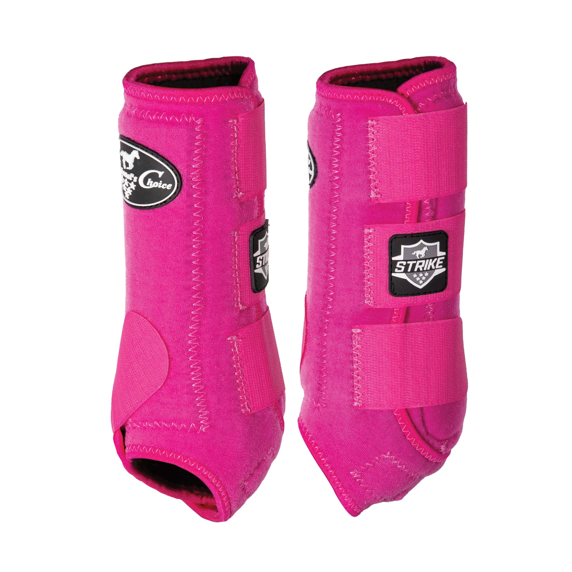 Professional's Choice Strike Front Sports Medicine Horse Boots in vibrant hot pink. These protective equine leg boots feature durable, impact-resistant strike plates and secure hook-and-loop closures for superior support. Designed for high-performance horse sports and training, providing essential leg protection with a stylish, bright look for your horse's gear collection.