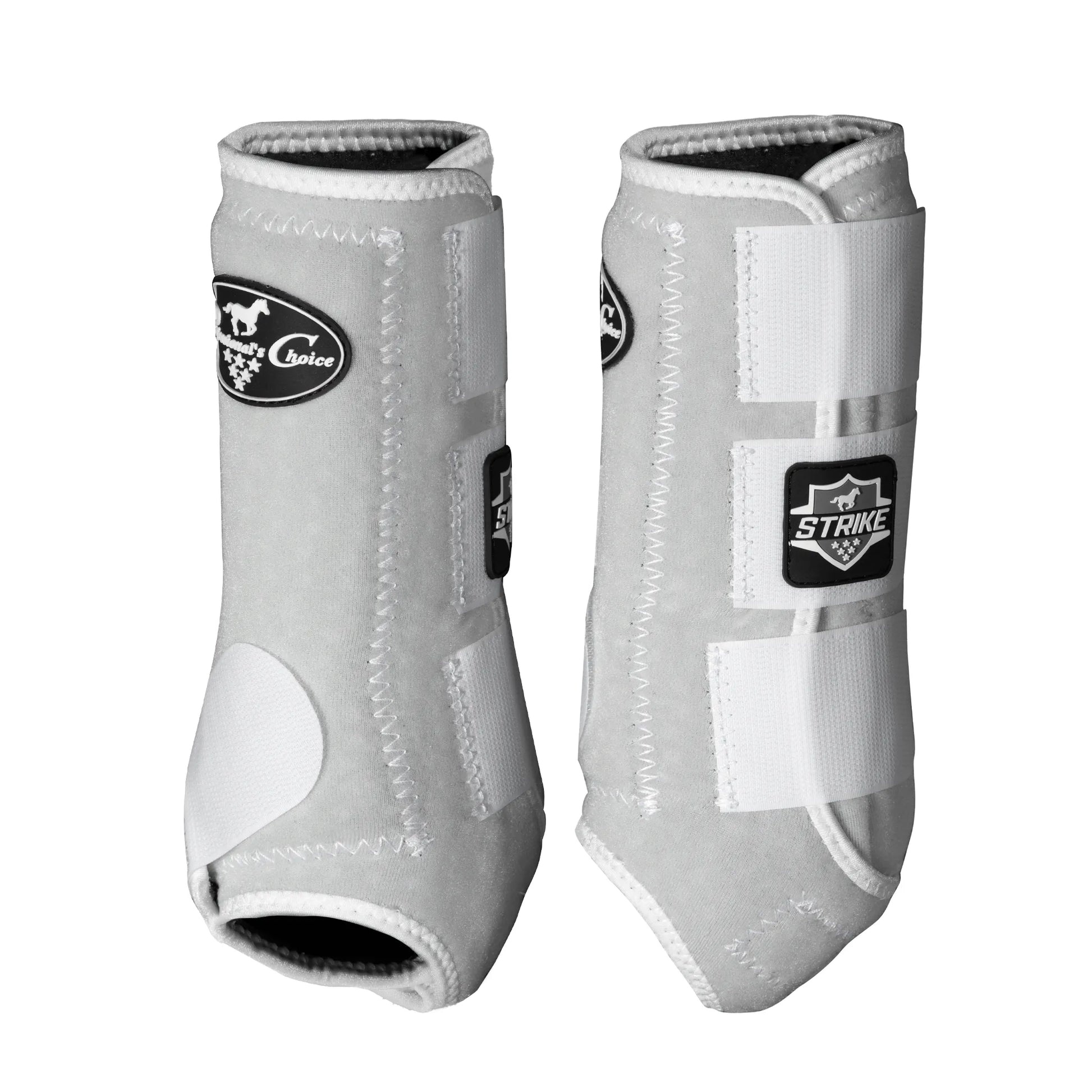 Professional's Choice Strike Front Sports Medicine Horse Boots in light grey with white accents. These protective equine boots offer high-impact support and leg protection for performance horses. Featuring three secure hook-and-loop closures, reinforced strike zones, and a contoured fit. Perfect for equestrian training, jumping, or competition. Durable, breathable, and stylish horse leg gear designed for maximum safety and comfort.