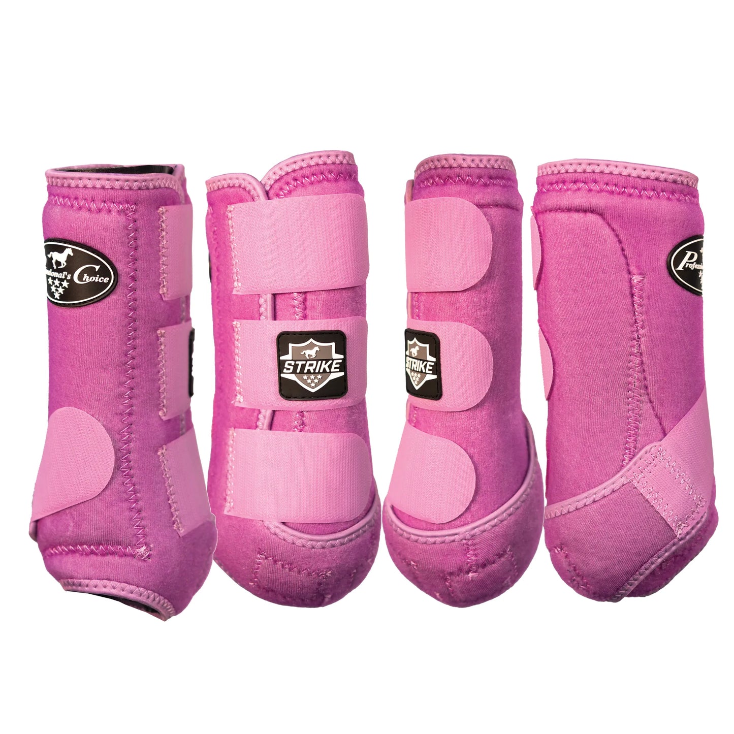 Professional's Choice Strike Sports Medicine Horse Boots 4-pack in vibrant pink. These protective equine leg boots feature a durable, contoured design with three secure hook-and-loop straps for impact protection and support. Shown from multiple angles, the boots showcase the STRIKE logo and Professional's Choice branding. High-quality fuchsia horse gear ideal for equestrian training, performance, and injury prevention.