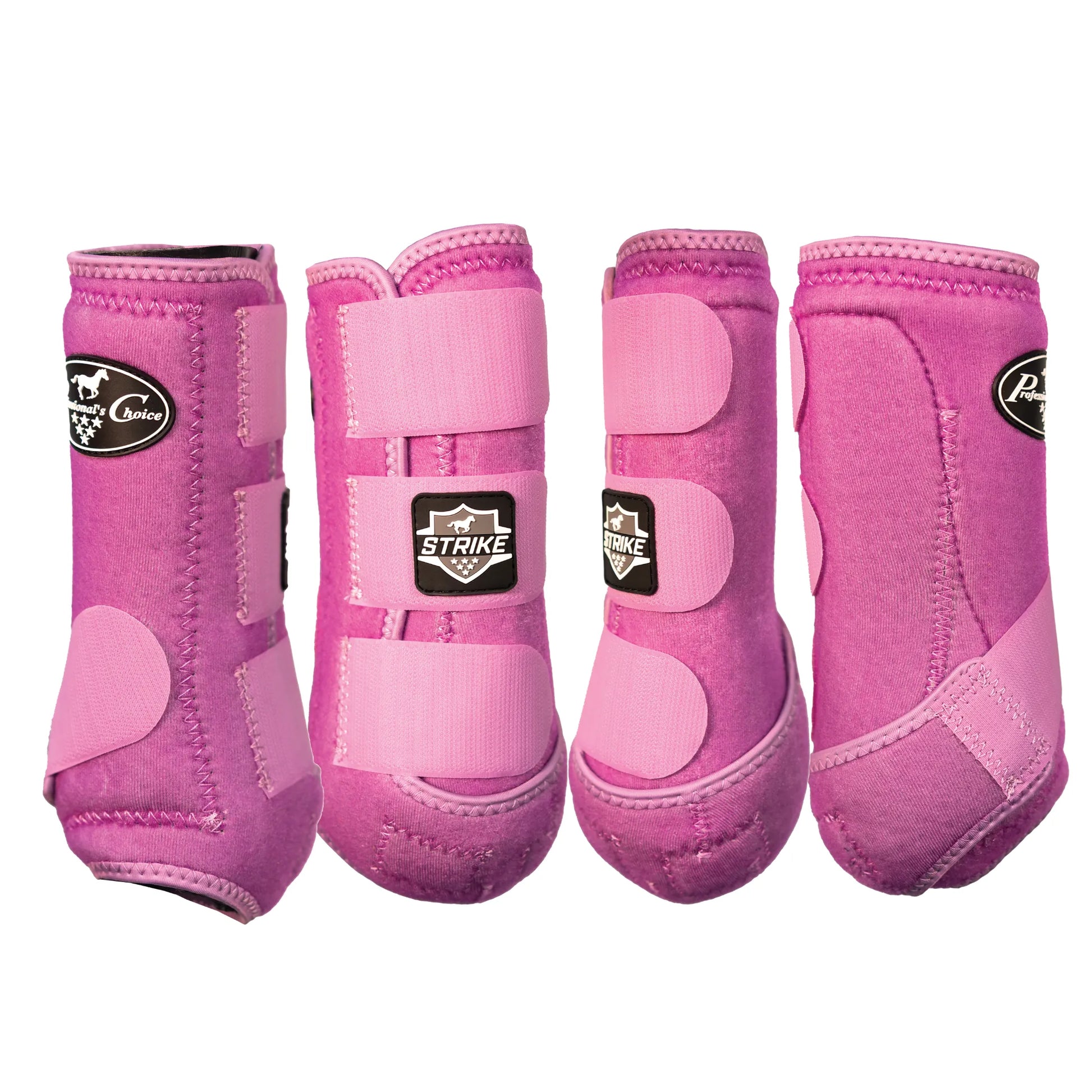 Professional's Choice Strike Sports Medicine Horse Boots 4-pack in vibrant pink. These protective equine leg boots feature a durable, contoured design with three secure hook-and-loop straps for impact protection and support. Shown from multiple angles, the boots showcase the STRIKE logo and Professional's Choice branding. High-quality fuchsia horse gear ideal for equestrian training, performance, and injury prevention.