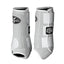 Professional's Choice Strike Sports Medicine Horse Boots in grey and white, featuring a reinforced strike zone for superior impact protection. These durable horse leg boots include secure white velcro straps and a sleek design for optimal support and comfort during training. High-performance equine leg protection and support, ideal for equestrian athletes looking for quality sports medicine boots in a convenient 4-pack set.