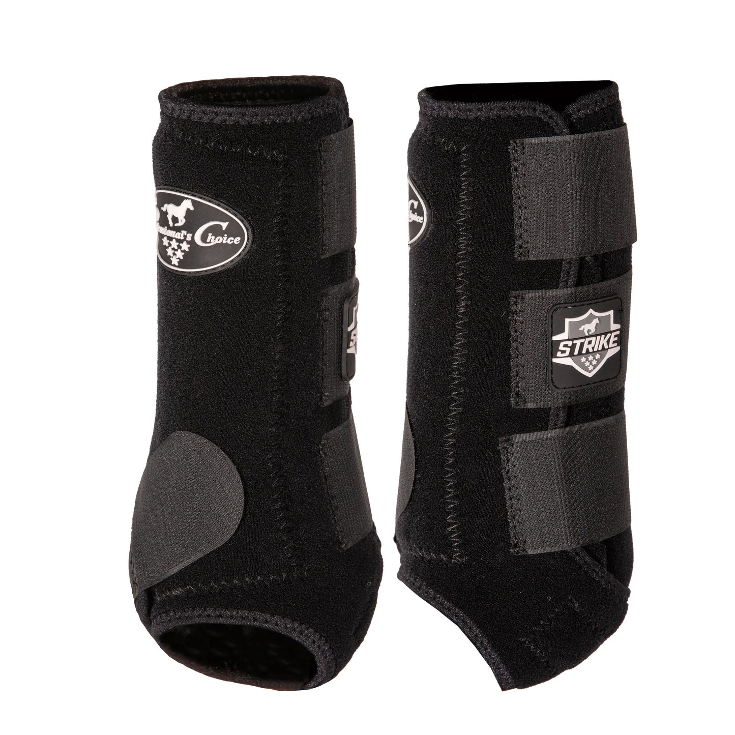Black Professional's Choice Strike Sports Medicine Horse Boots designed for superior impact protection and leg support. This pair features a contoured neoprene fit, three adjustable hook-and-loop straps for security, and a reinforced strike patch to prevent interference injuries. Perfect for performance horses, these durable equestrian leg boots offer a secure fit for training and competition in a sleek black finish.